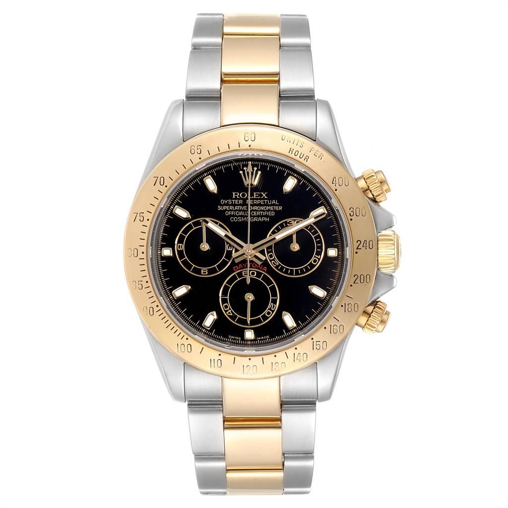 Rolex Daytona Steel Yellow Gold Black Dial Chronograph Mens Watch 116523. Officially certified chronometer self-winding movement. Rhodium-plated, oeil-de-perdrix decoration, straight line lever escapement, monometallic balance adjusted to 5