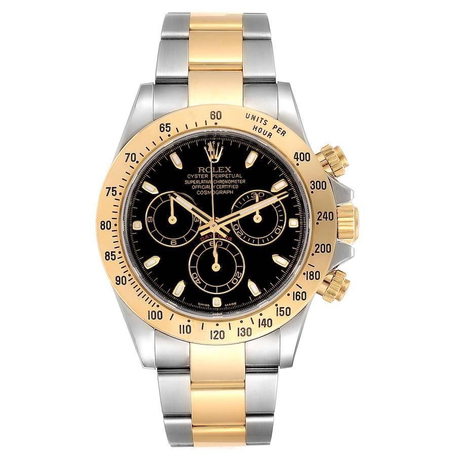 Rolex Daytona Steel Yellow Gold Black Dial Mens Watch 116523 Box Card. Officially certified chronometer self-winding movement. Rhodium-plated, oeil-de-perdrix decoration, straight line lever escapement, monometallic balance adjusted to 5 positions,