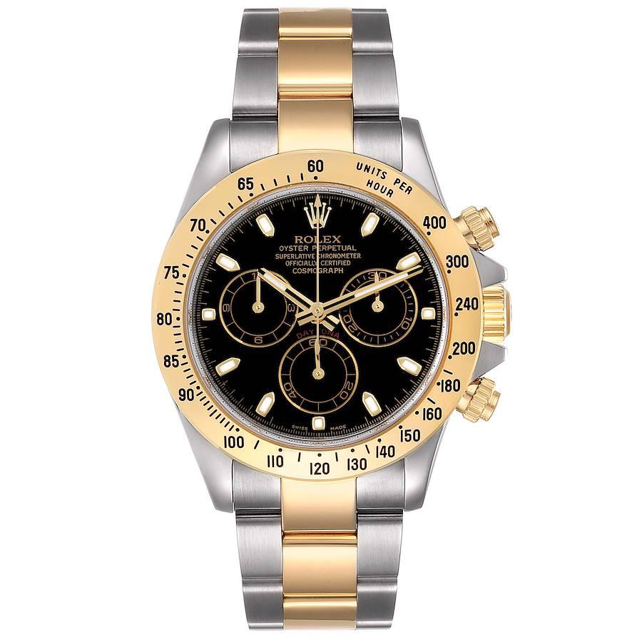 Rolex Daytona Steel Yellow Gold Black Dial Mens Watch 116523. Officially certified chronometer self-winding movement. Rhodium-plated, oeil-de-perdrix decoration, straight line lever escapement, monometallic balance adjusted to 5 positions, shock