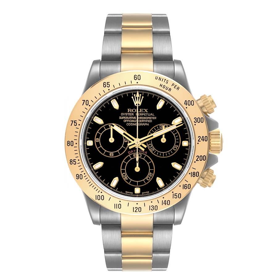 Rolex Daytona Stahl Gelbgold Schwarzes Zifferblatt Herrenuhr 116523. Offiziell zertifiziertes Chronometerwerk mit automatischem Aufzug. Rhodiniert, Oeil-de-Perdrix-Dekor, geradlinige Ankerhemmung, monometallische Unruh, die in 5 Positionen