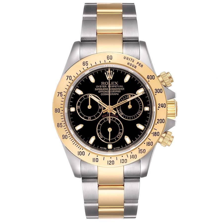 Rolex Daytona Stahl Gelbgold Schwarzes Zifferblatt Herrenuhr 116523. Offiziell zertifiziertes Chronometerwerk mit automatischem Aufzug. Rhodiniert, Oeil-de-Perdrix-Dekor, geradlinige Ankerhemmung, monometallische Unruh, die in 5 Positionen