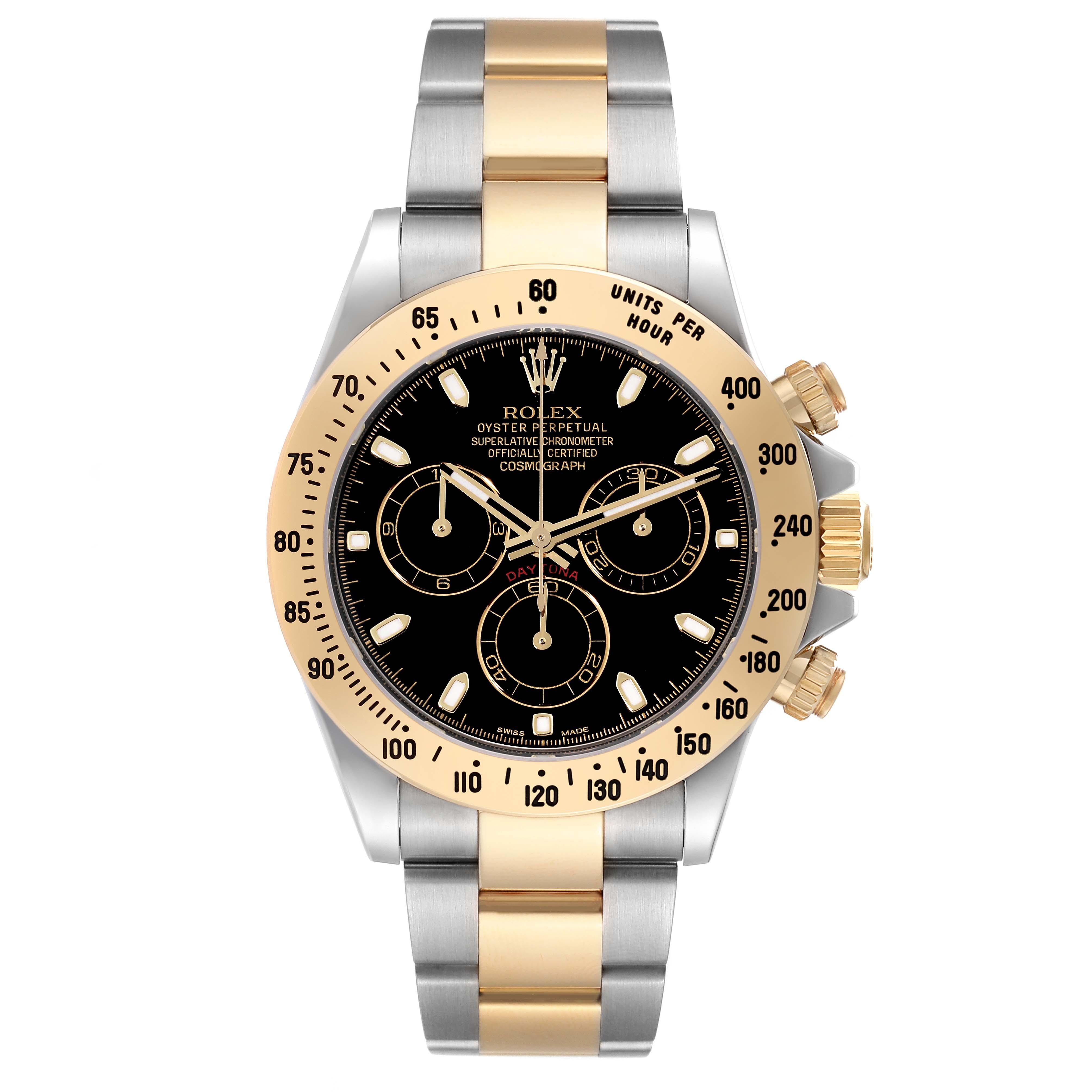 Rolex Daytona Steel Yellow Gold Black Dial Mens Watch 116523. Officially certified chronometer automatic self-winding movement. Rhodium-plated, oeil-de-perdrix decoration, straight line lever escapement, monometallic balance adjusted to 5 positions,