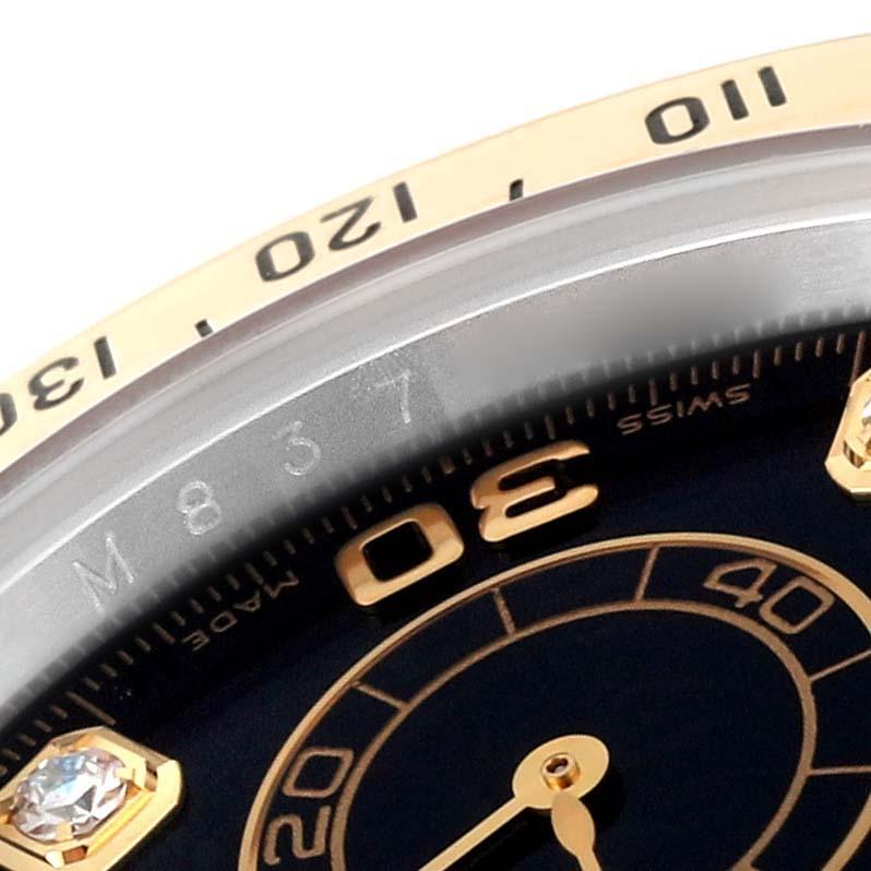 Rolex Daytona Steel Yellow Gold Black Diamond Dial Mens Watch 116523 Box Card. Officially certified chronometer automatic self-winding movement. Rhodium-plated, oeil-de-perdrix decoration, straight line lever escapement, monometallic balance