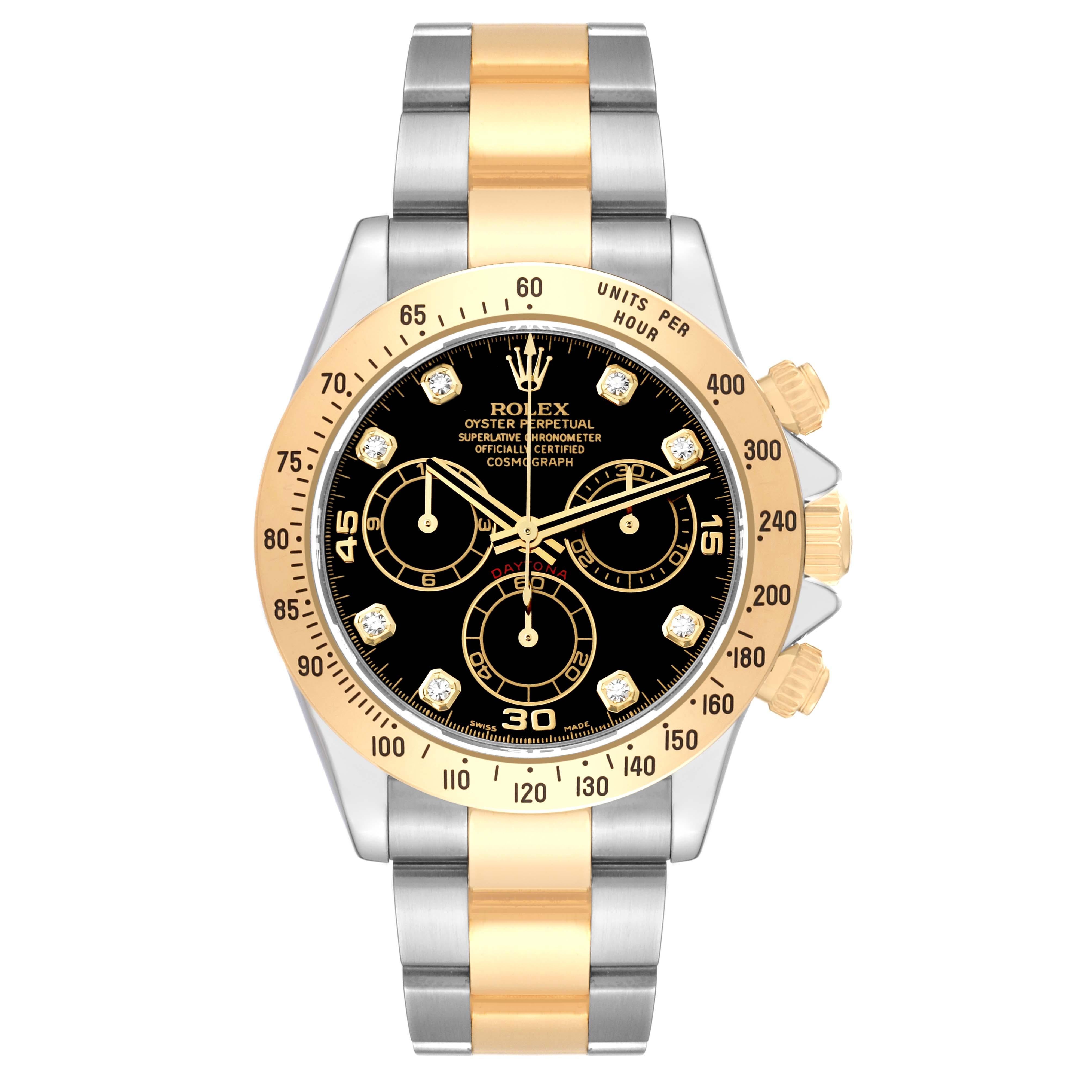 Rolex Daytona Steel Yellow Gold Black Diamond Dial Mens Watch 116523. Officially certified chronometer automatic self-winding chronograph movement. Rhodium-plated, oeil-de-perdrix decoration, straight line lever escapement, monometallic balance