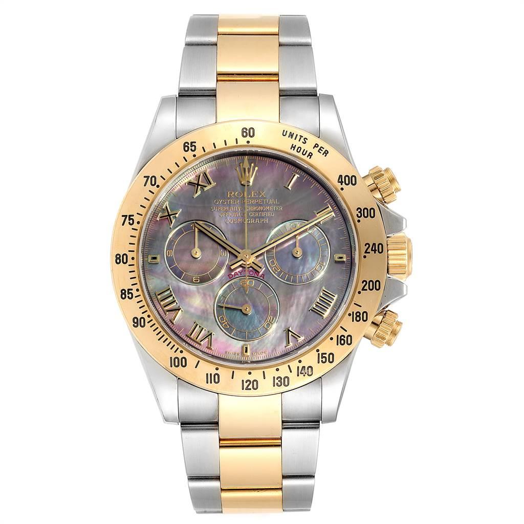 Rolex Daytona Steel Yellow Gold Black Mother of Pearl Dial Chronograph Mens Watch 116523. Officially certified chronometer self-winding movement. Rhodium-plated, oeil-de-perdrix decoration, straight line lever escapement, monometallic balance