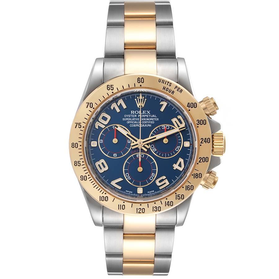 Rolex Daytona Steel Yellow Gold Blue Racing Dial Mens Watch 116523 Box Card. Officially certified chronometer self-winding movement. Rhodium-plated, oeil-de-perdrix decoration, straight line lever escapement, monometallic balance adjusted to 5