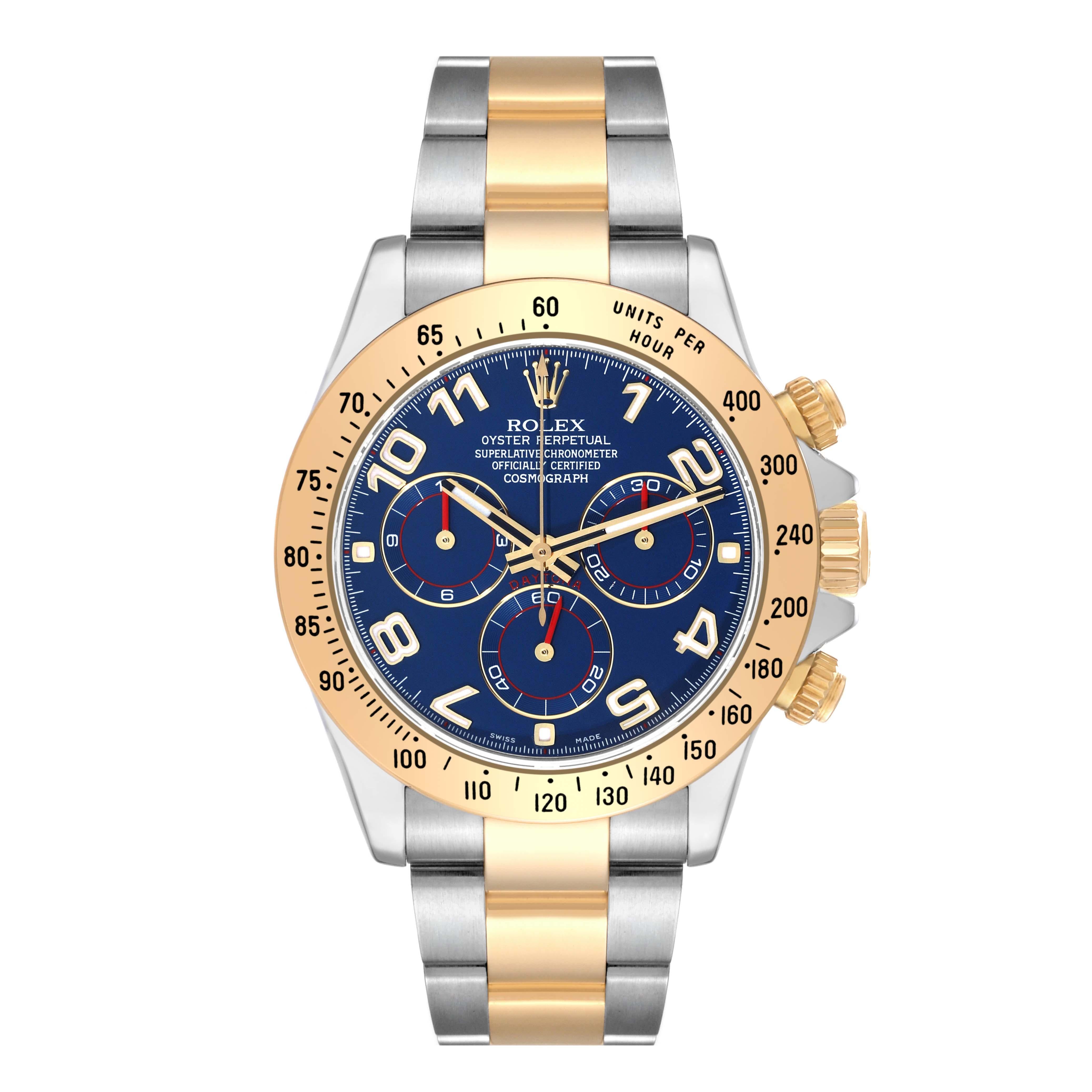 Rolex Daytona Steel Yellow Gold Blue Racing Dial Mens Watch 116523. Officially certified chronometer self-winding movement. Rhodium-plated, oeil-de-perdrix decoration, straight line lever escapement, monometallic balance adjusted to 5 positions,