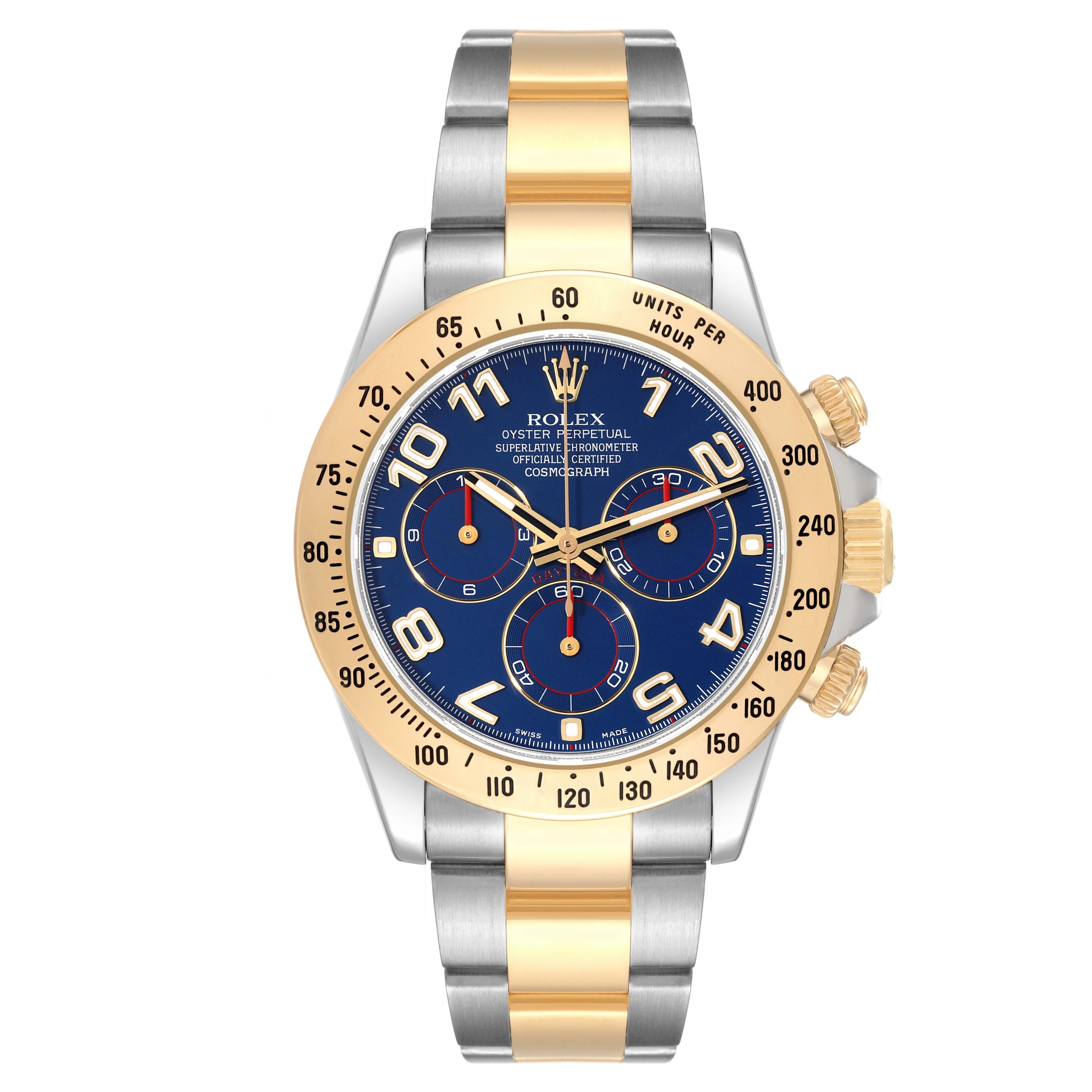 Rolex Daytona Steel Yellow Gold Blue Racing Dial Mens Watch 116523. Officially certified chronometer self-winding movement. Rhodium-plated, oeil-de-perdrix decoration, straight line lever escapement, monometallic balance adjusted to 5 positions,
