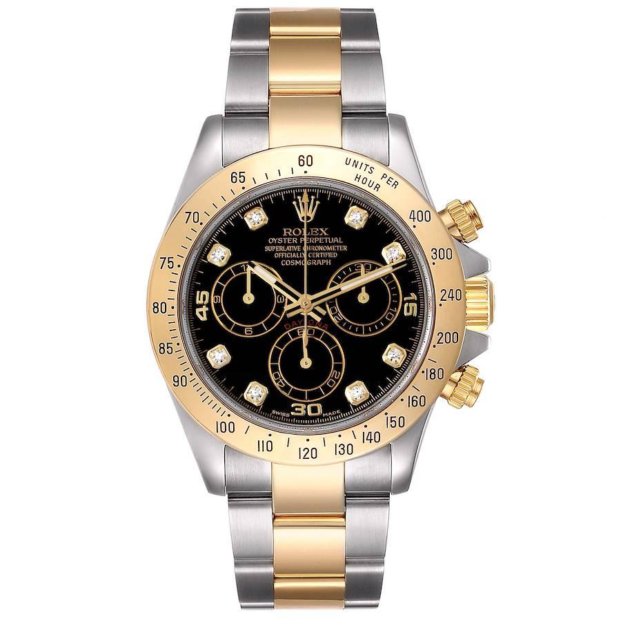Rolex Daytona Steel Yellow Gold Diamond Chronograph Mens Watch 116523. Officially certified chronometer self-winding movement. Rhodium-plated, oeil-de-perdrix decoration, straight line lever escapement, monometallic balance adjusted to 5 positions,