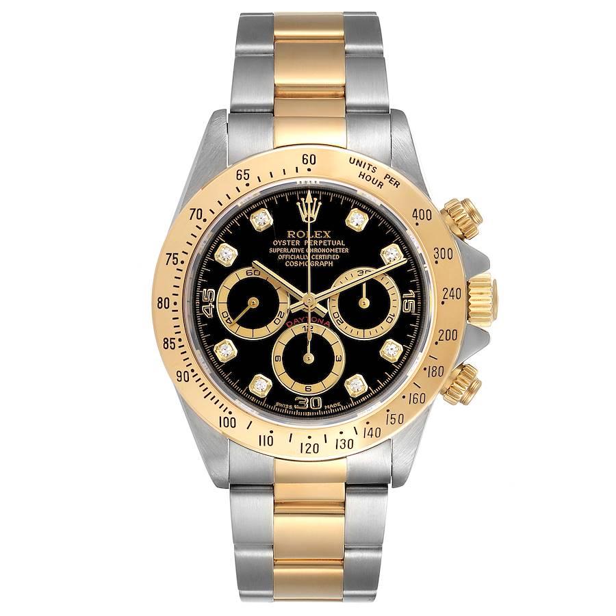 Rolex Daytona Steel Yellow Gold Diamond Chronograph Mens Watch 16523. Officially certified chronometer self-winding movement. Stainless steel and 18K yellow gold case 40.0 mm in diameter. Special screw-down push buttons. Triplock winding crown