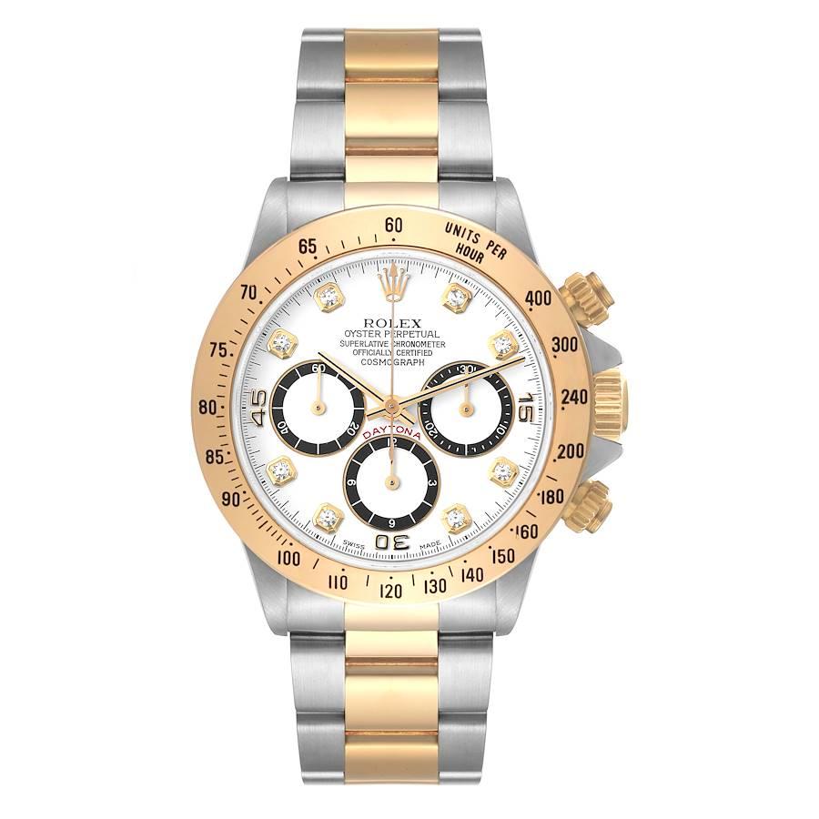 Rolex Daytona Steel Yellow Gold Diamond Dial Zenith Movement Mens Watch 16523. Officially certified chronometer automatic self-winding movement. Zenith based chronograph. Stainless steel and 18K yellow gold case 40.0 mm in diameter. Special