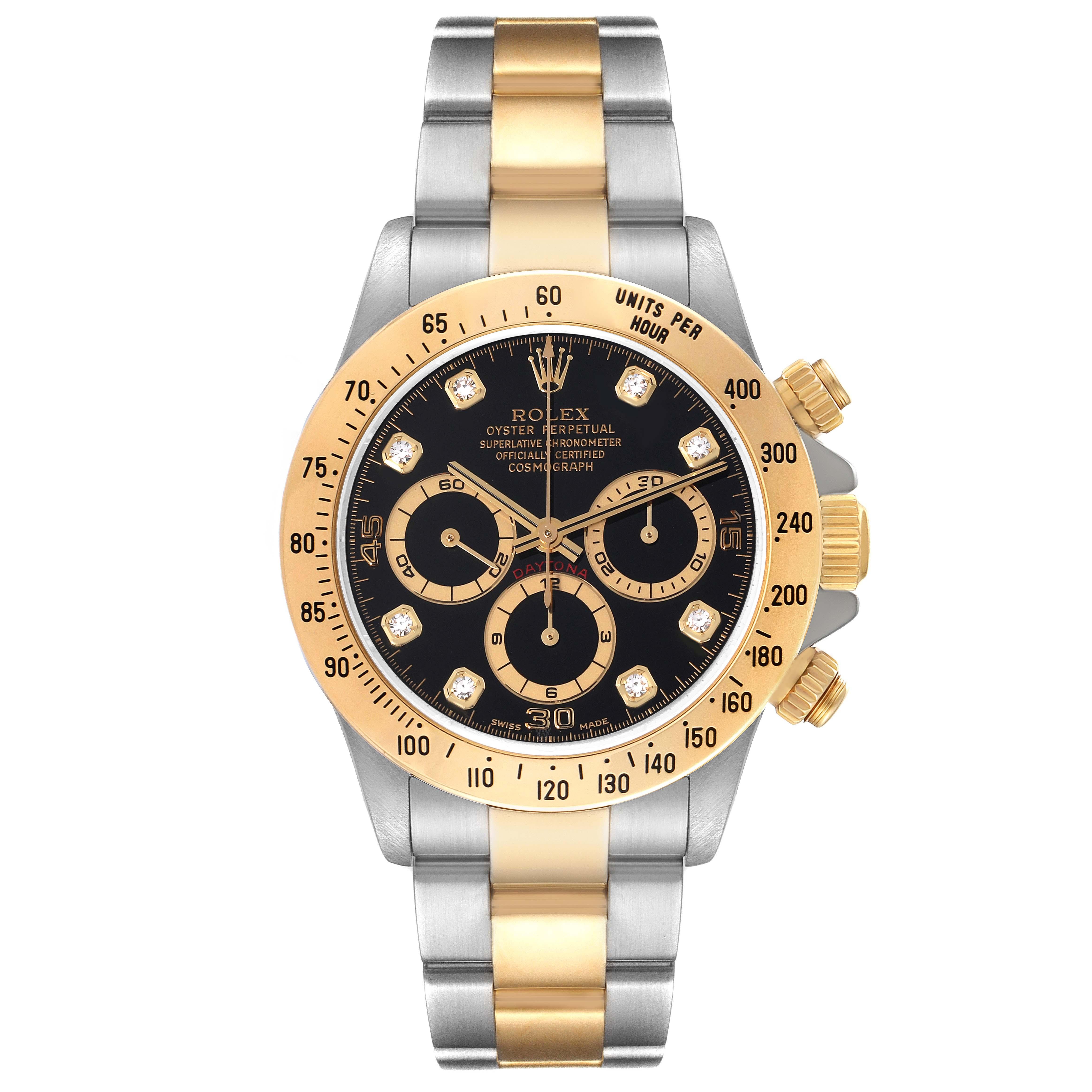 Rolex Daytona Steel Yellow Gold Diamond Dial Zenith Movement Mens Watch 16523. Officially certified chronometer automatic self-winding movement. Zenith based chronograph. Stainless steel and 18K yellow gold case 40.0 mm in diameter. Special