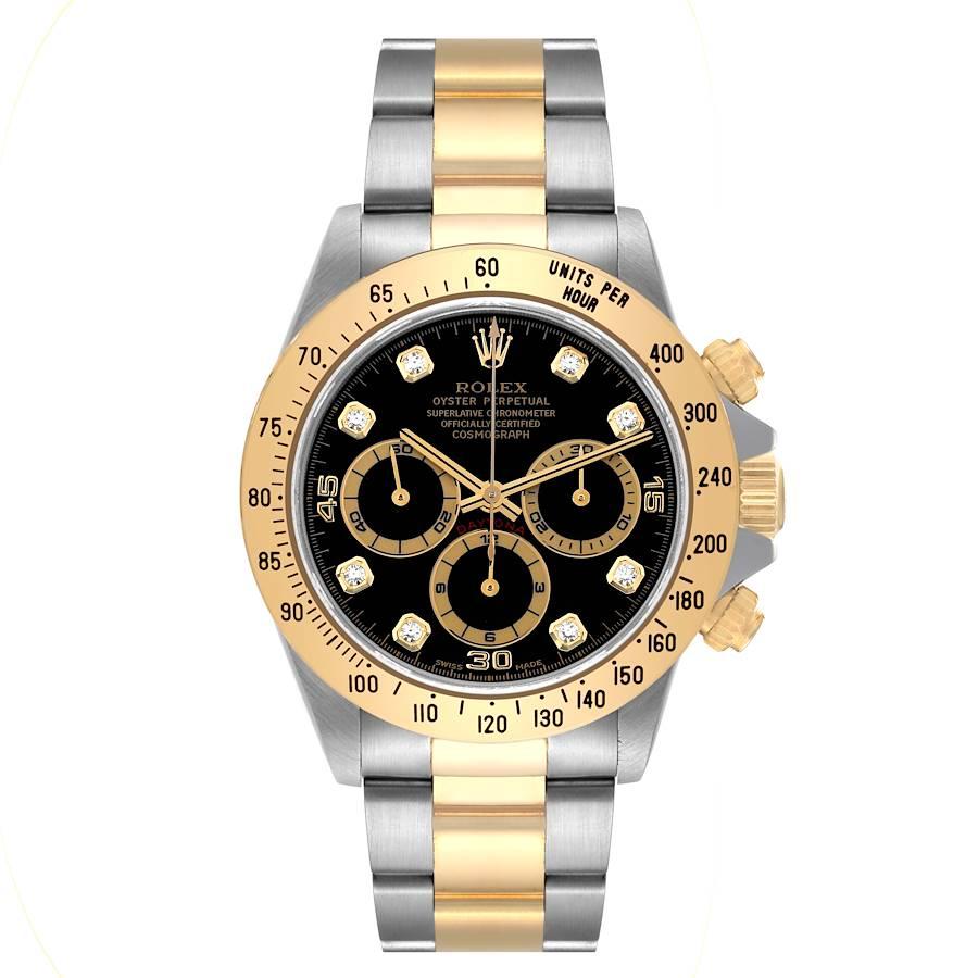 Rolex Daytona Steel Yellow Gold Diamond Zenith Movement Mens Watch 16523. Officially certified chronometer automatic self-winding movement. Zenith based chronograph. Stainless steel and 18K yellow gold case 40.0 mm in diameter. Special screw-down