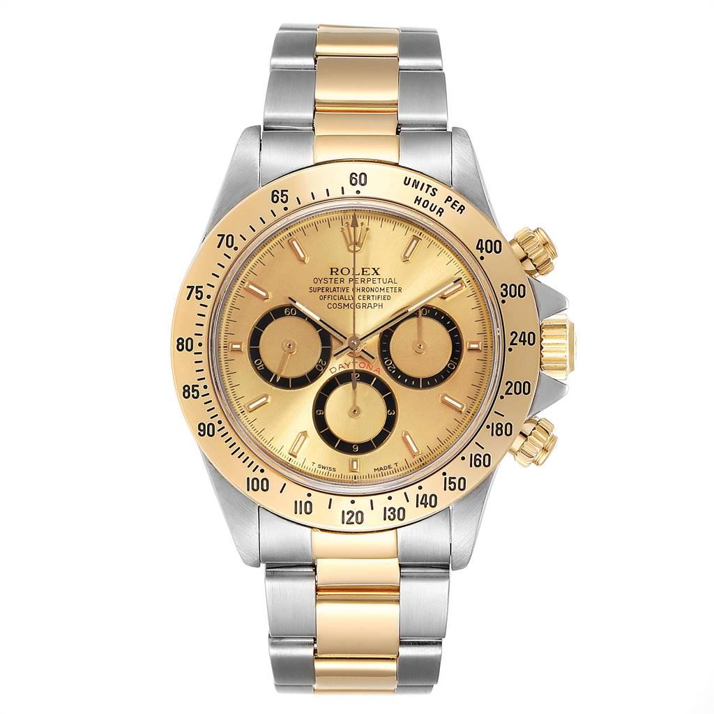 Rolex Daytona Steel Yellow Gold Inverted 6 Mens Watch 16523 Box Papers. Officially certified chronometer self-winding movement. Stainless steel and 18K yellow gold case 40 mm in diameter. Special screw-down push buttons. 18K yellow gold tachymeter