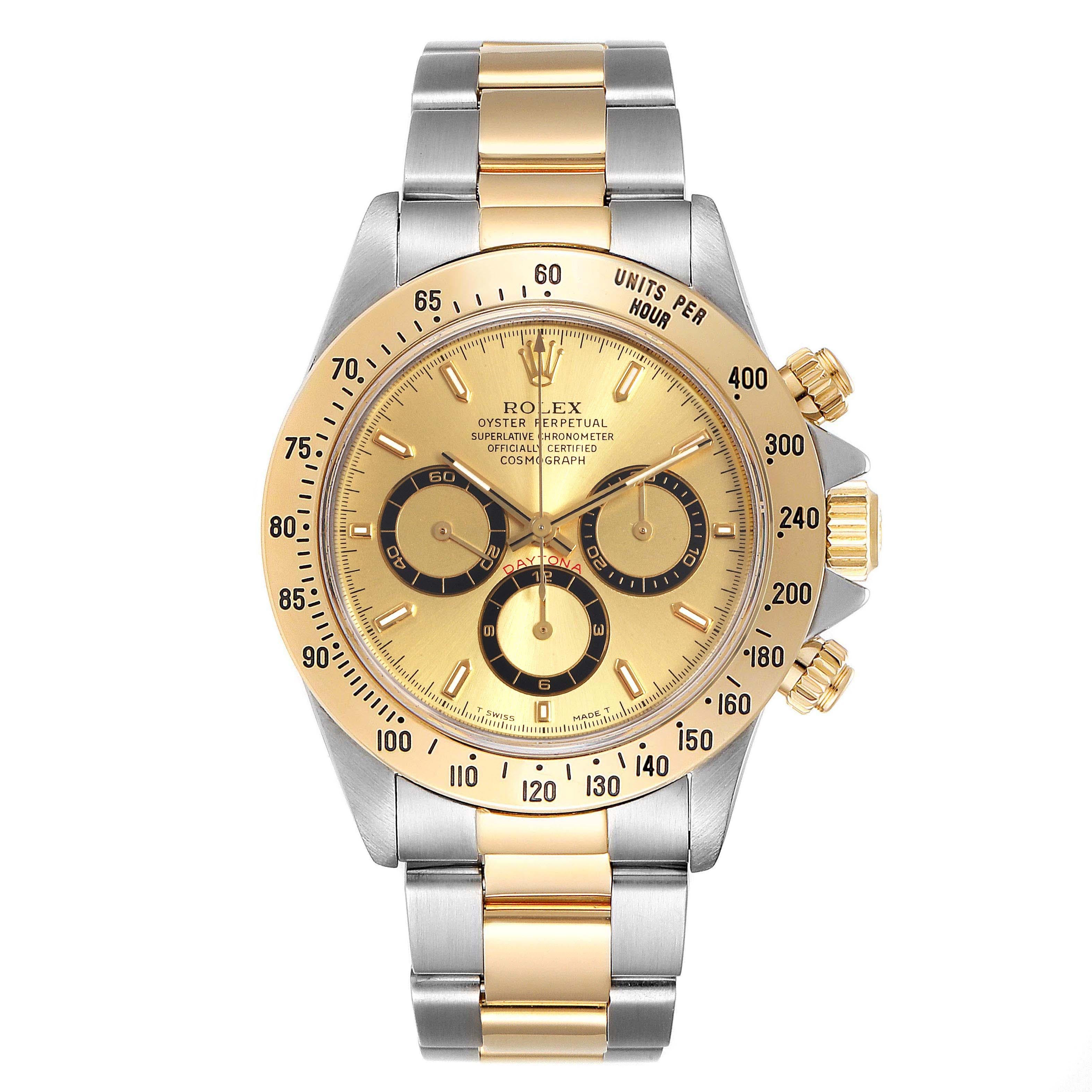 Rolex Daytona Steel Yellow Gold Mens Watch 16523 Box. Officially certified chronometer self-winding movement. Stainless steel and 18K yellow gold case 40 mm in diameter. Special screw-down push buttons. 18K yellow gold tachymeter engraved bezel.