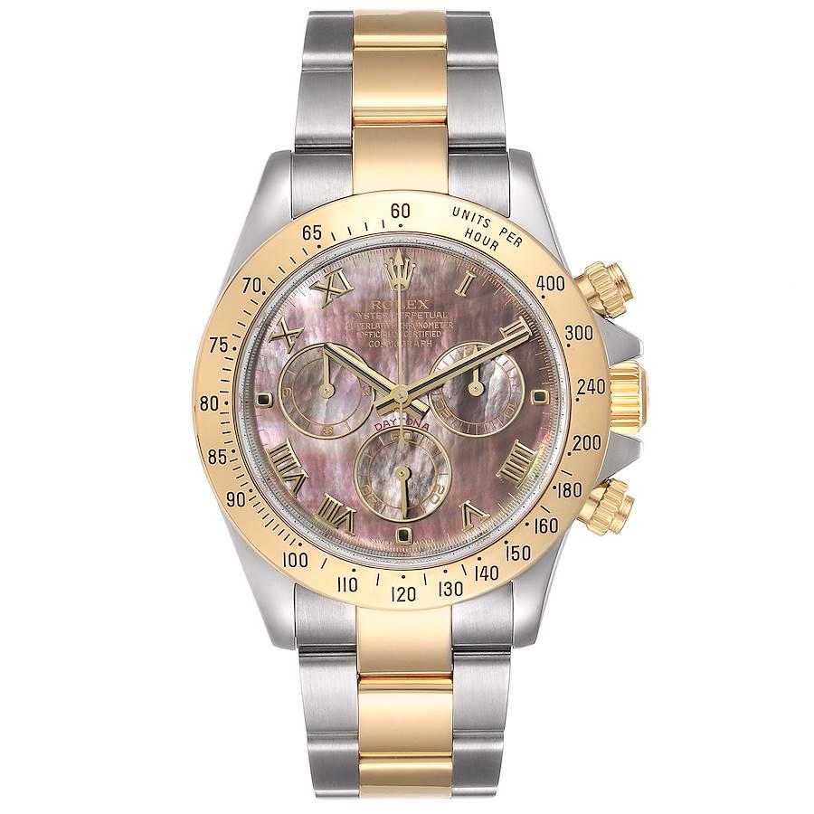 Rolex Daytona Steel Yellow Gold MOP Dial Chronograph Mens Watch 116523. Officially certified chronometer self-winding movement. Rhodium-plated, oeil-de-perdrix decoration, straight line lever escapement, monometallic balance adjusted to 5 positions,