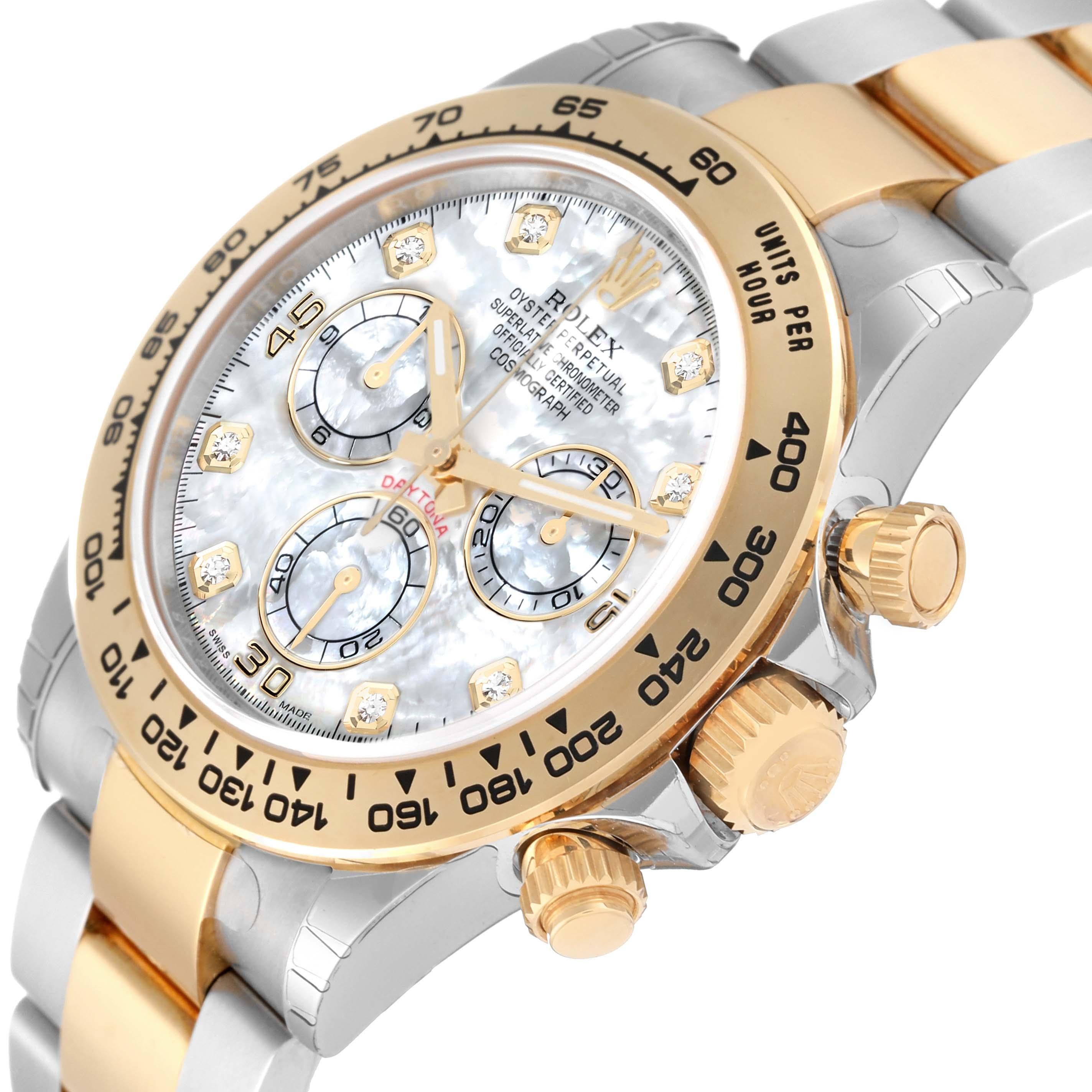 Rolex Daytona Steel Yellow Gold MOP Diamond Mens Watch 116503 Unworn NOS. Officially certified chronometer self-winding movement. Rhodium-plated, oeil-de-perdrix decoration, straight line lever escapement, monometallic balance adjusted to 5