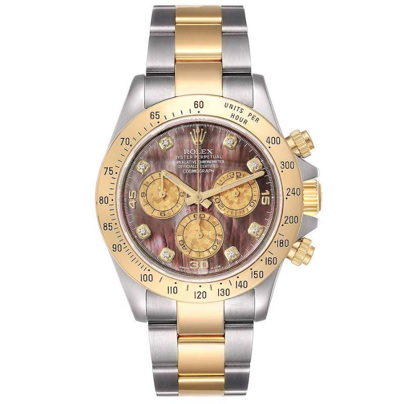 Rolex Daytona Steel Yellow Gold MOP Diamond Mens Watch 116523 Box Card. Officially certified chronometer self-winding movement. Rhodium-plated, oeil-de-perdrix decoration, straight line lever escapement, monometallic balance adjusted to 5 positions,