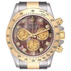 Rolex Daytona Steel Yellow Gold MOP Diamond Mens Watch 116523 Box Card