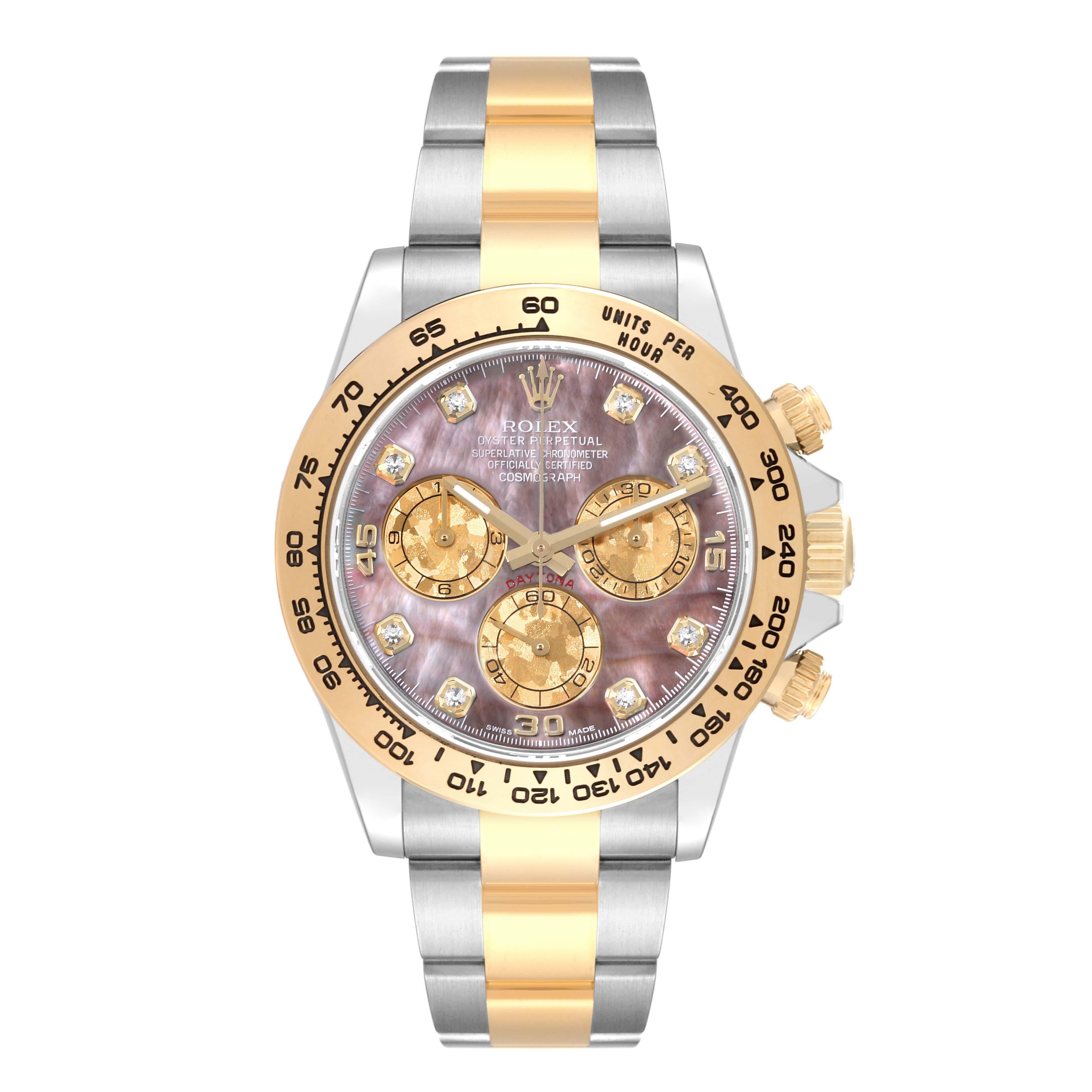 Rolex Daytona Steel Yellow Gold Mother Of Pearl Diamond Mens Watch 116503. Officially certified chronometer self-winding movement. Rhodium-plated, oeil-de-perdrix decoration, straight line lever escapement, monometallic balance adjusted to 5