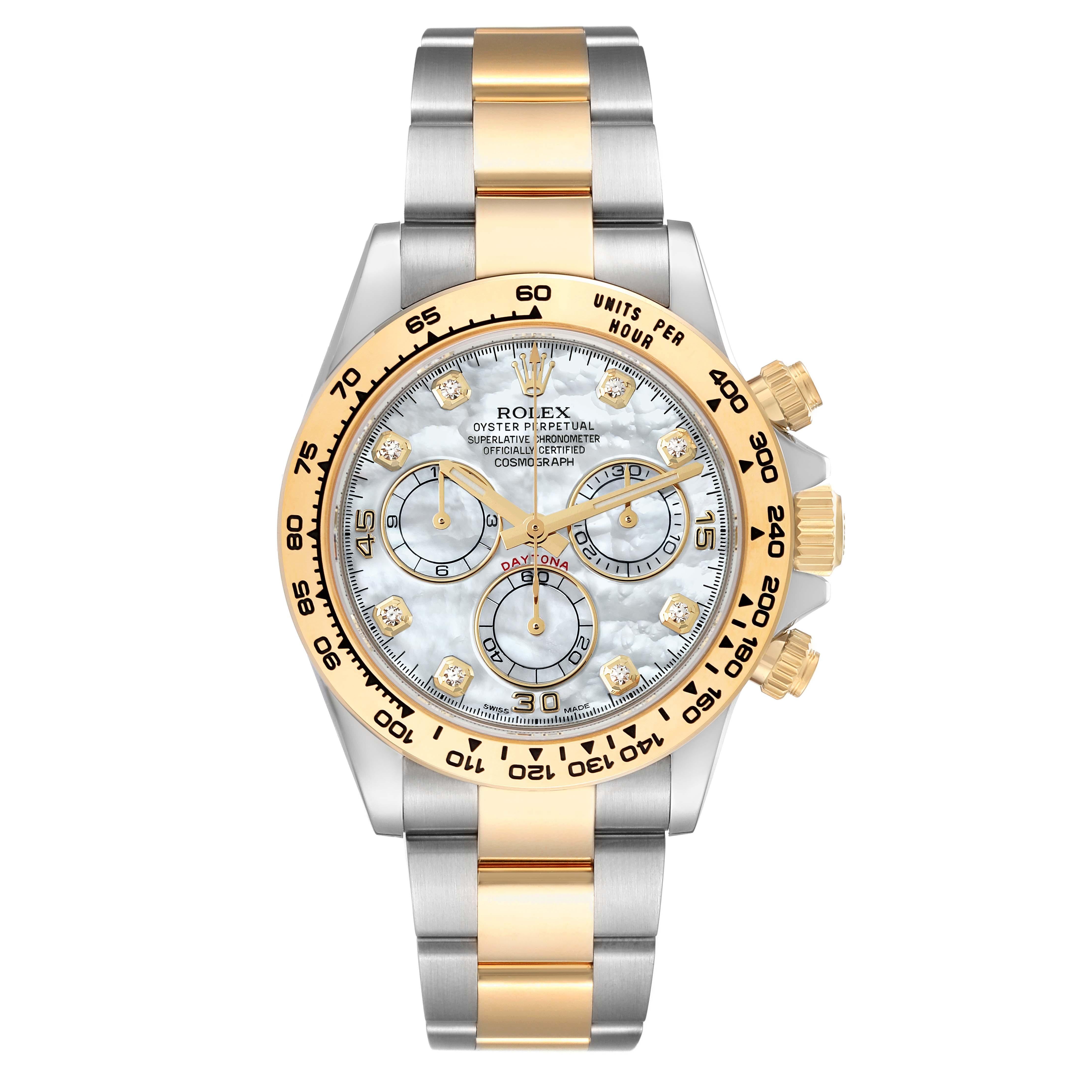 Rolex Daytona Steel Yellow Gold Mother Of Pearl Diamond Mens Watch 116503 Box Card. Officially certified chronometer self-winding movement. Rhodium-plated, oeil-de-perdrix decoration, straight line lever escapement, monometallic balance adjusted to