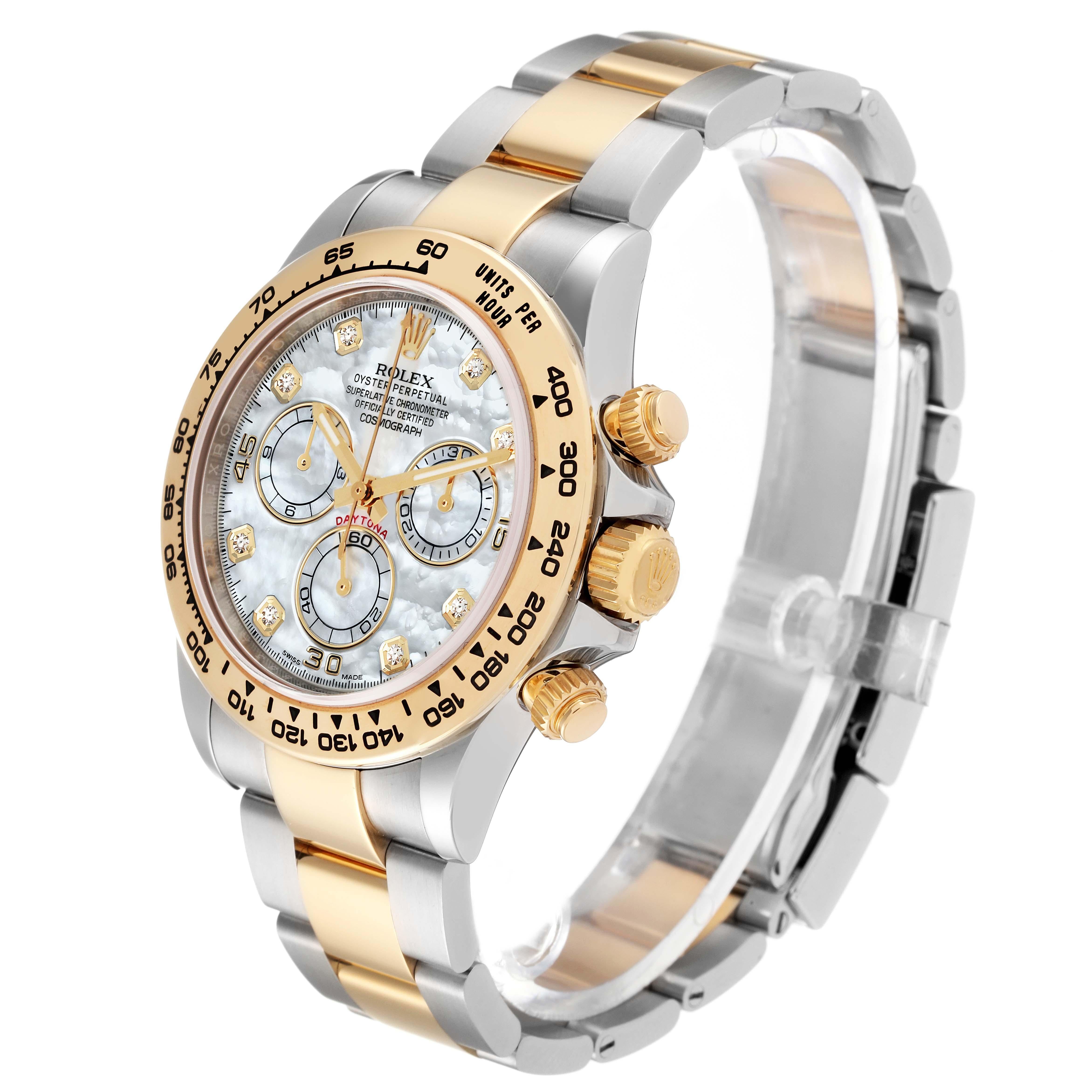 Rolex Daytona Steel Yellow Gold Mother Of Pearl Diamond Mens Watch 116503 In Excellent Condition For Sale In Atlanta, GA