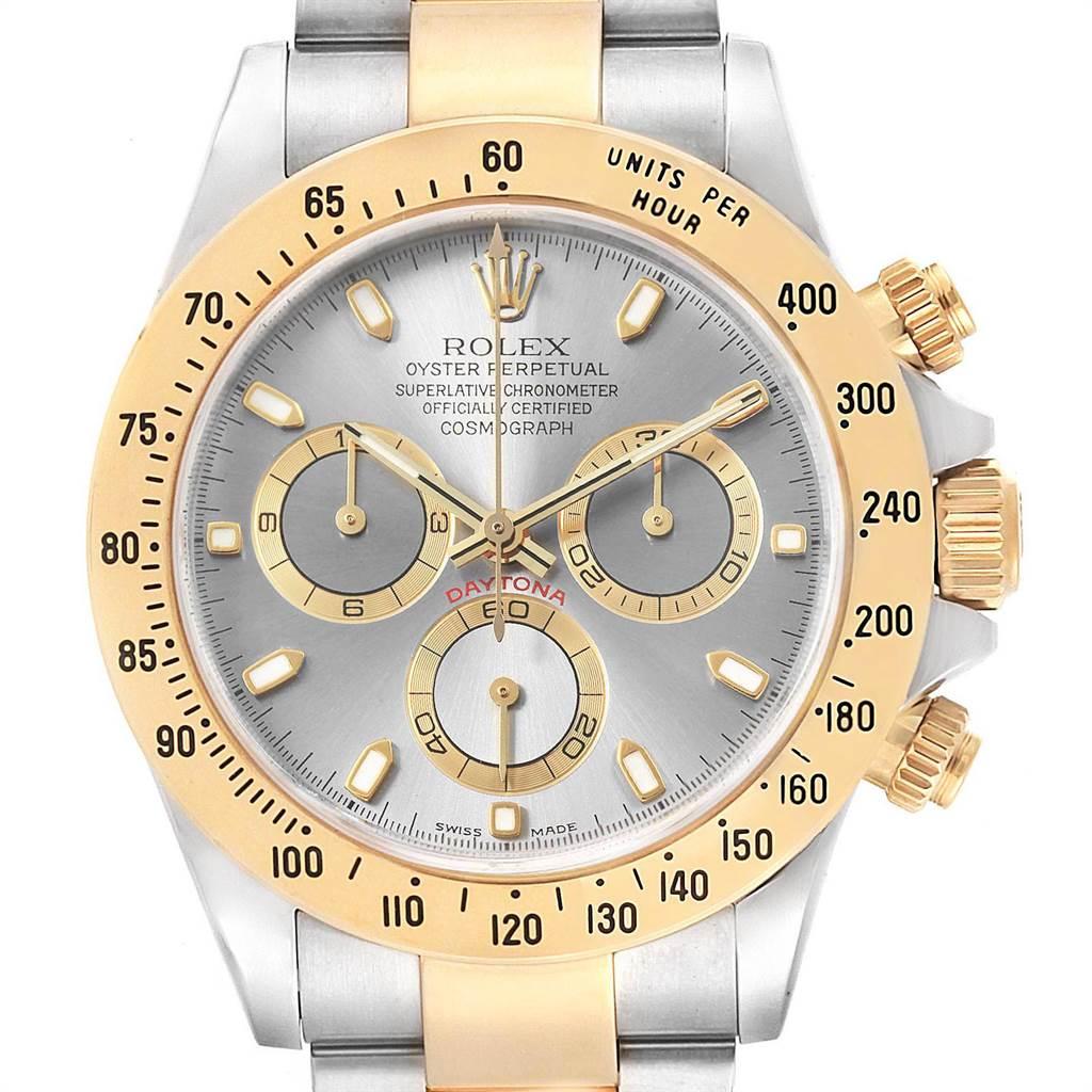 Rolex Daytona Stahl Gelbgold Schiefer Zifferblatt Chronograph Herrenuhr 116523. Offiziell zertifiziertes Chronometerwerk mit automatischem Aufzug. Rhodiniert, Oeil-de-Perdrix-Dekor, geradlinige Ankerhemmung, monometallische Unruh, die in 5