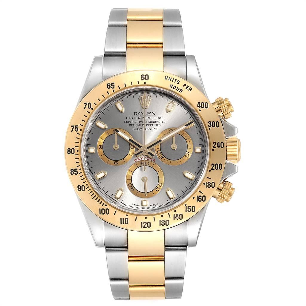 Rolex Daytona Steel Yellow Gold Slate Dial Chronograph Mens Watch 116523. Officially certified chronometer self-winding movement. Rhodium-plated, oeil-de-perdrix decoration, straight line lever escapement, monometallic balance adjusted to 5