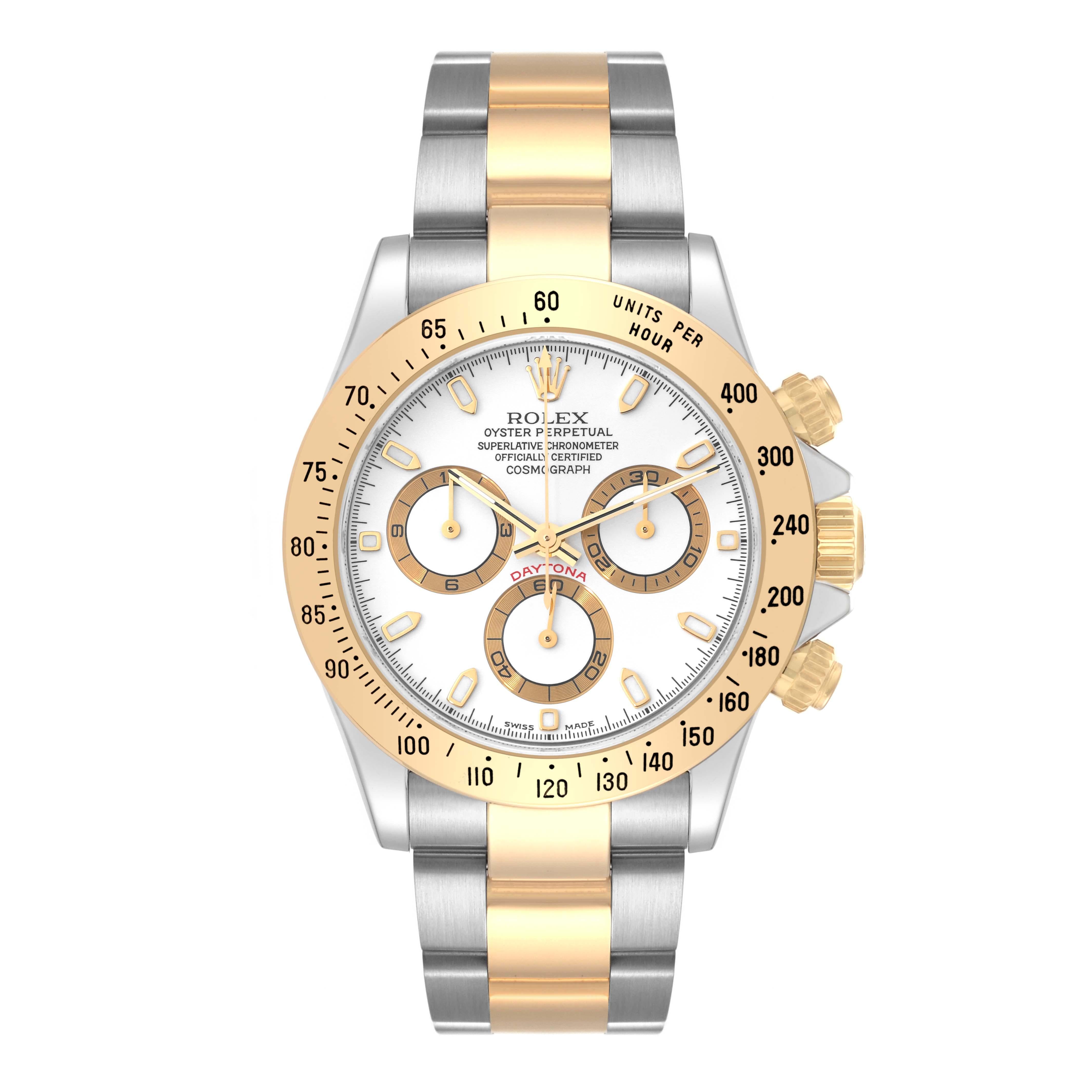 Rolex Daytona Steel Yellow Gold White Dial Mens Watch 116523 Box Papers. Officially certified chronometer automatic self-winding movement. Rhodium-plated, oeil-de-perdrix decoration, straight line lever escapement, monometallic balance adjusted to 5