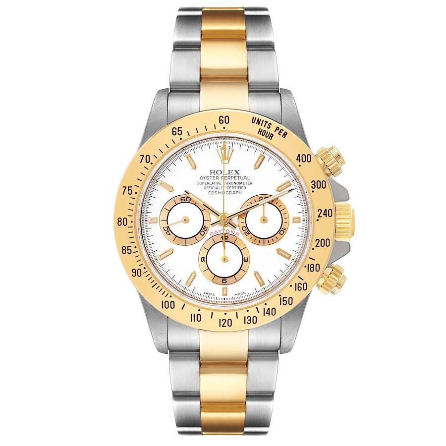 Rolex Daytona Stahl Gelbgold Weißes Zifferblatt Zenith Uhrwerk Herrenuhr 16523. Automatisches Chronographenwerk mit automatischem Aufzug von Zenith. Offiziell zertifizierter Chronometer. Gehäuse aus Edelstahl und 18 Karat Gelbgold mit einem