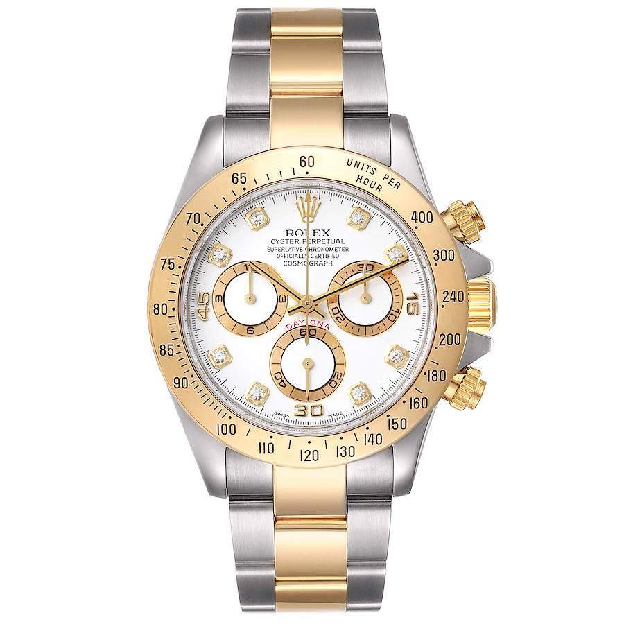 Rolex Daytona Steel Yellow Gold White Diamond Dial Mens Watch 116523. Officially certified chronometer automatic self-winding chronograph movement. Stainless steel and 18K yellow gold case 40 mm in diameter. Special screw-down push buttons. 18K