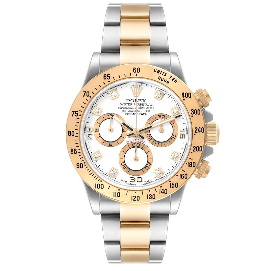 Rolex Daytona Steel Yellow Gold White Diamond Dial Mens Watch 116523. Officially certified chronometer automatic self-winding chronograph movement. Stainless steel and 18K yellow gold case 40 mm in diameter. Special screw-down push buttons. 18K
