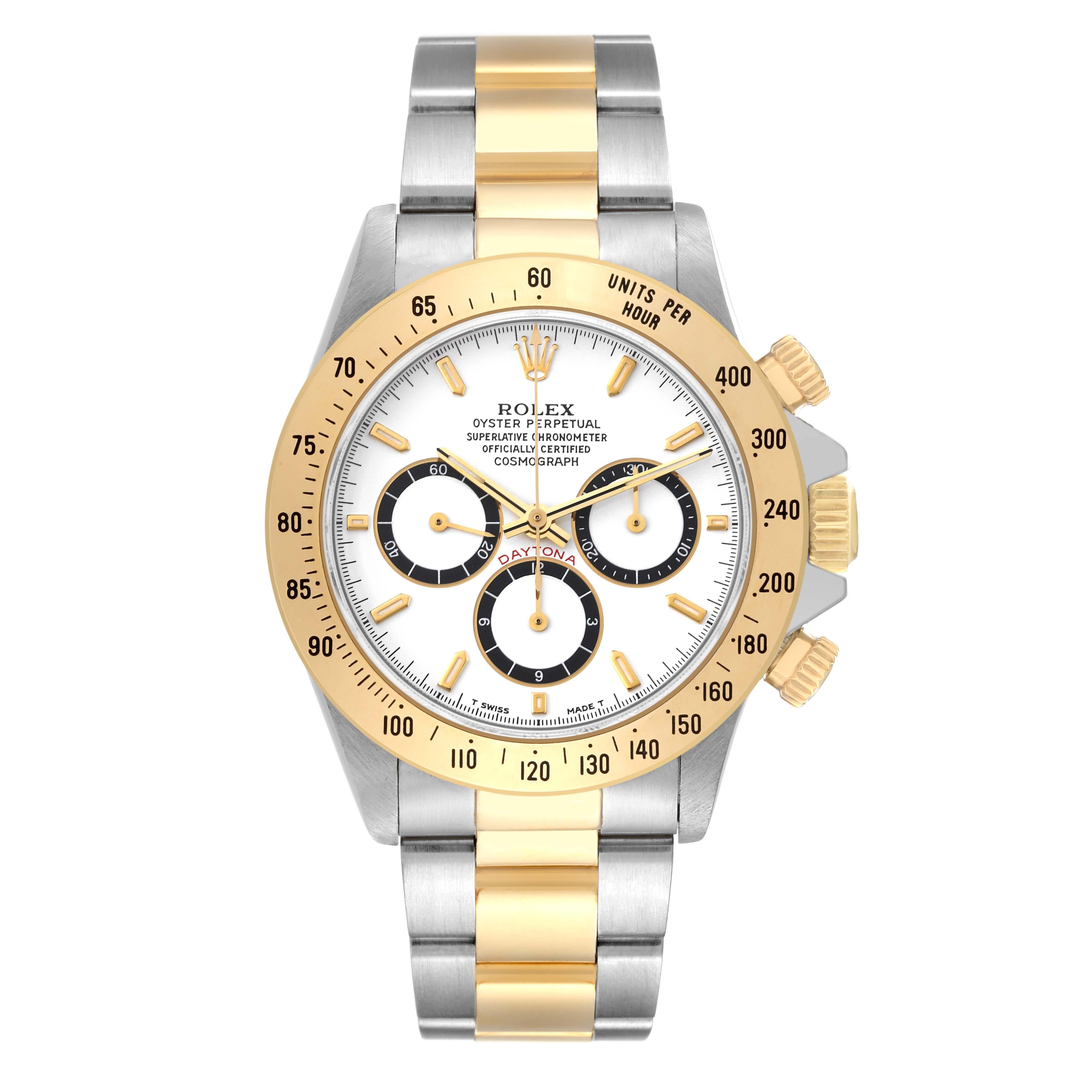 Rolex Daytona Steel Yellow Gold Zenith Movement Mens Watch 16523. Officially certified chronometer automatic self-winding movement. Zenith based chronograph. Stainless steel and 18K yellow gold case 40.0 mm in diameter. Special screw-down push