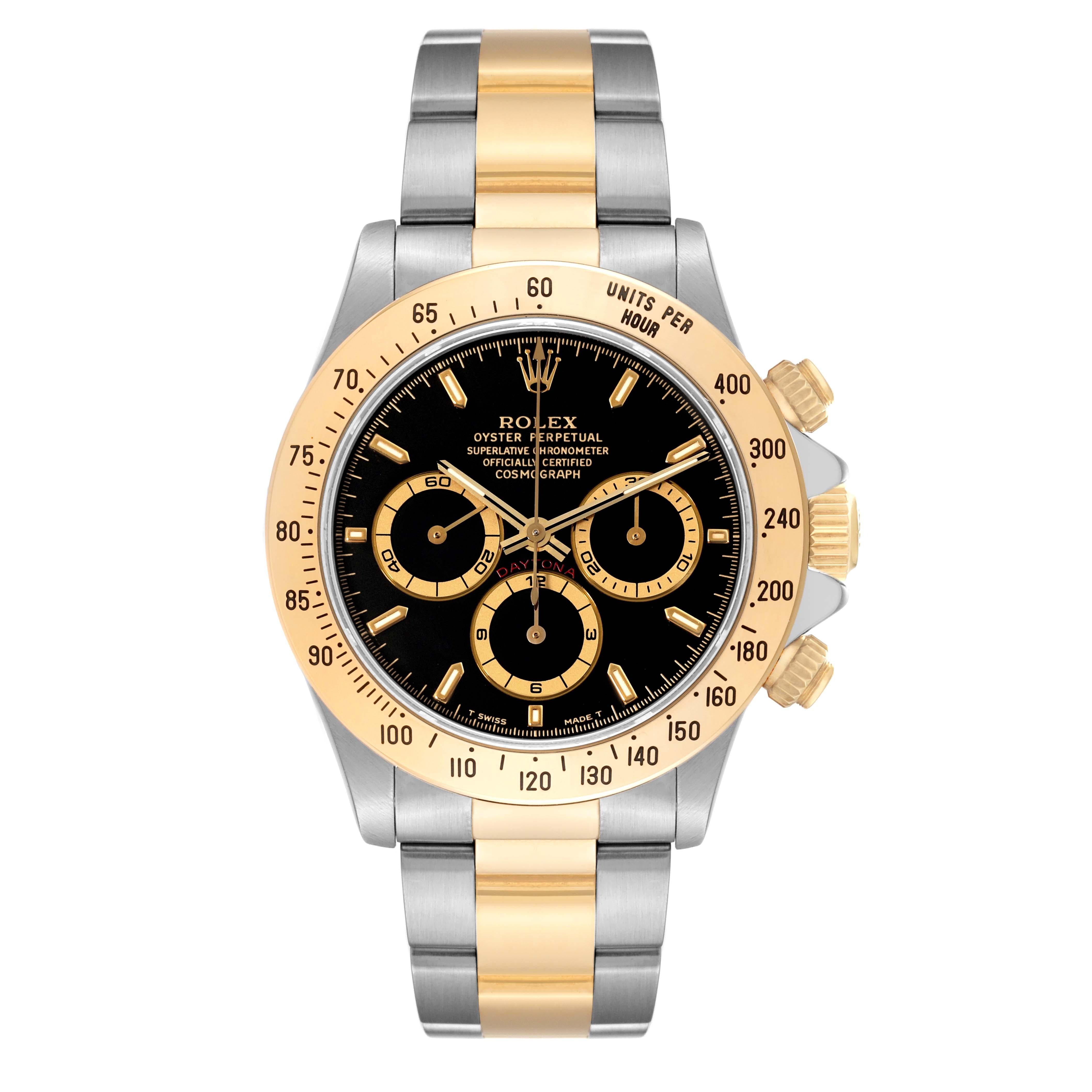 Rolex Daytona Steel Yellow Gold Zenith Movement Mens Watch 16523. Officially certified chronometer automatic self-winding movement. Zenith based chronograph. Stainless steel and 18K yellow gold case 40.0 mm in diameter. Special screw-down push