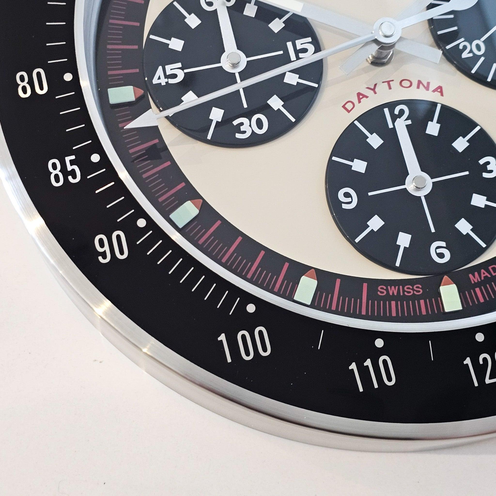Daytona Store Display Wall Clock by Rolex.

This is a very decorative wall clock depicting the Rolex Daytona wristwatch. The wall clock has been crafted in Switzerland with parts made up in stainless steel, aluminum and glass. All accented with
