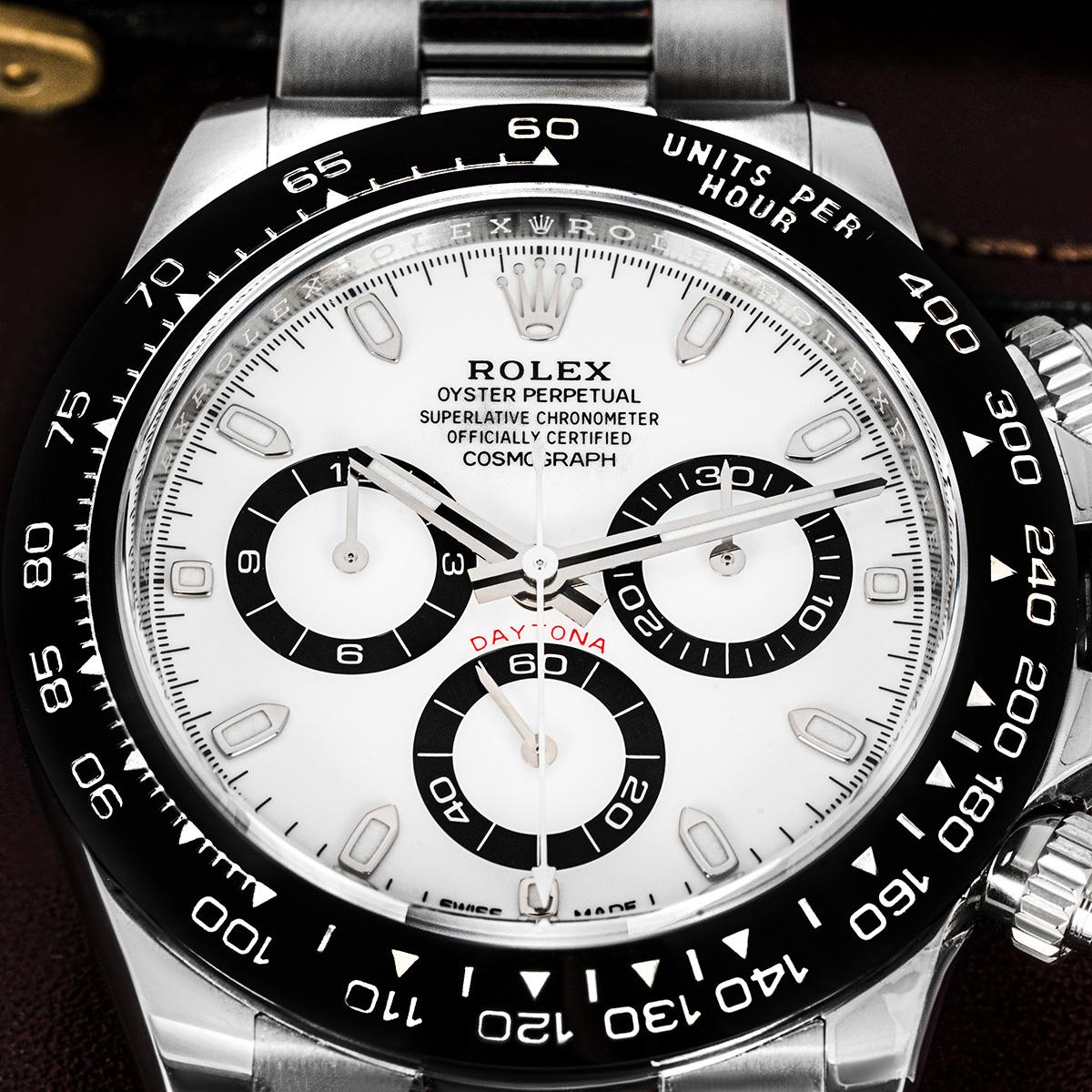 A Cosmograph Daytona from Rolex in stainless steel. Featuring the highly desired white dial and black ceramic bezel with a moulded tachymetric scale.

Fitted with a sapphire crystal, a calibre 4130 self-winding automatic chronograph movement and an