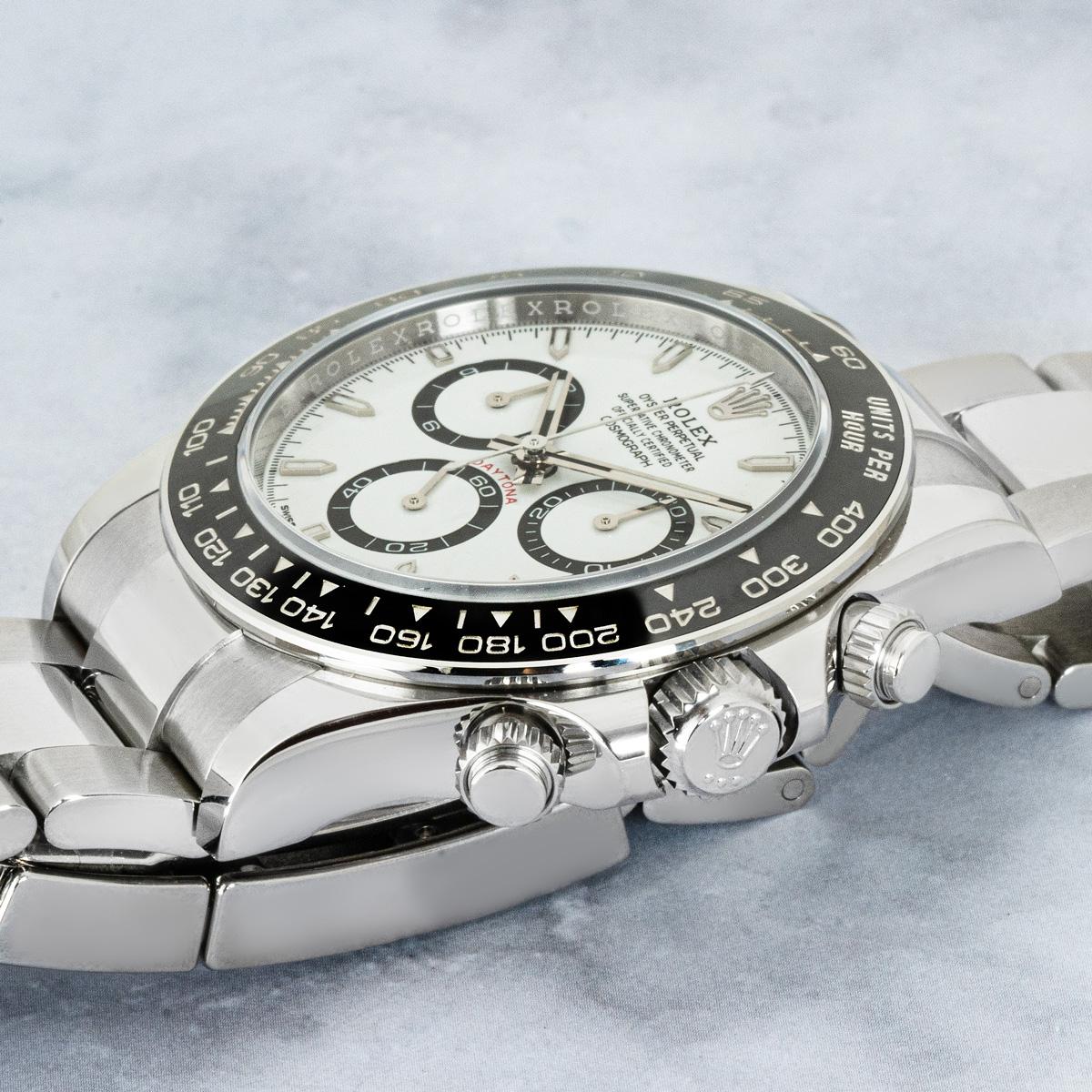 The latest Oystersteel Daytona release from Rolex. Featuring a white dial complemented by a black ceramic bezel, with features including three chronograph counters and a tachymetric scale.

Fitted with a scratch-resistant sapphire crystal and a