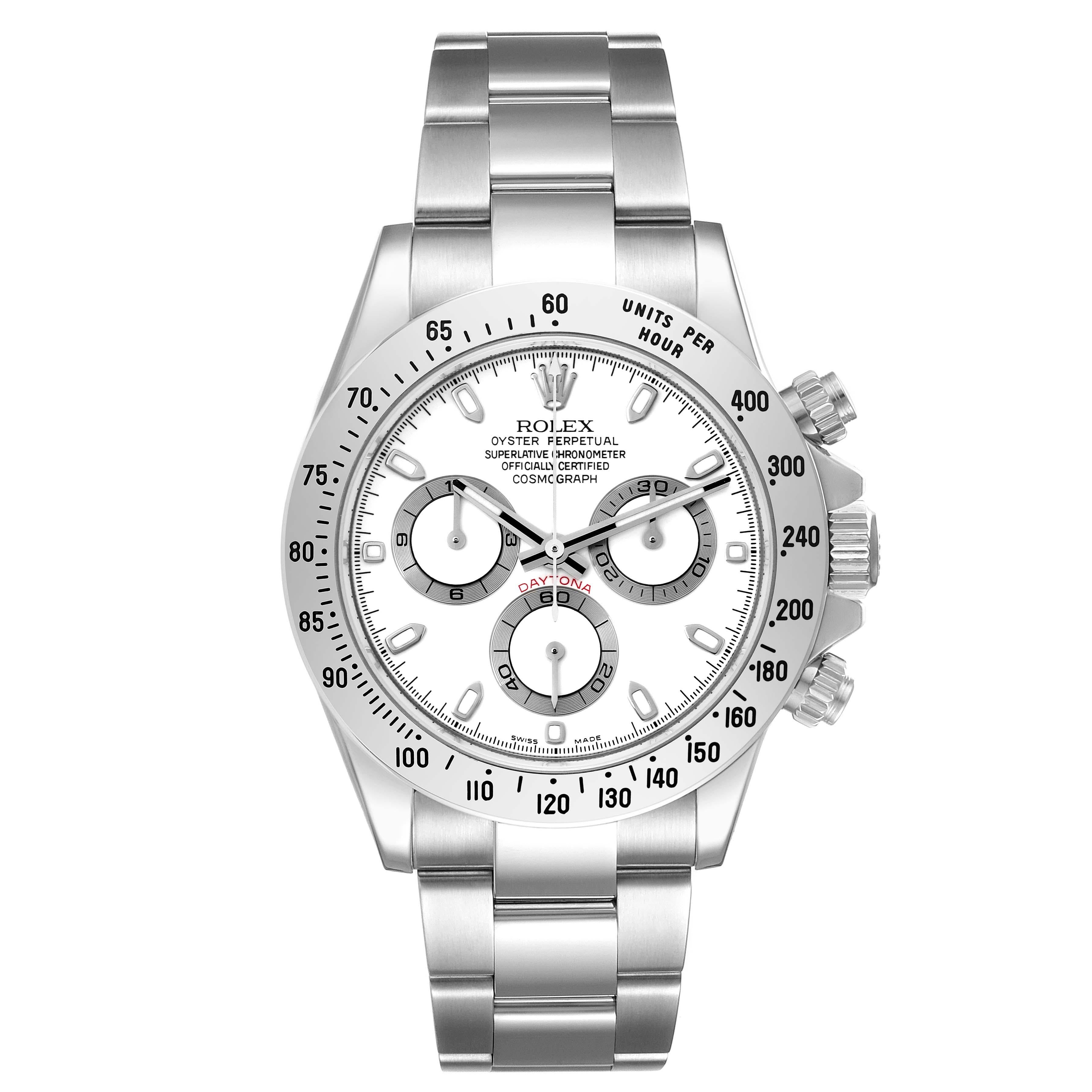 Rolex Daytona White Dial Chronograph Steel Mens Watch 116520 Box Card. Officially certified chronometer self-winding Chronograph movement. Stainless steel case 40.0 mm in diameter. Special screw-down push buttons. Stainless steel tachymeter engraved