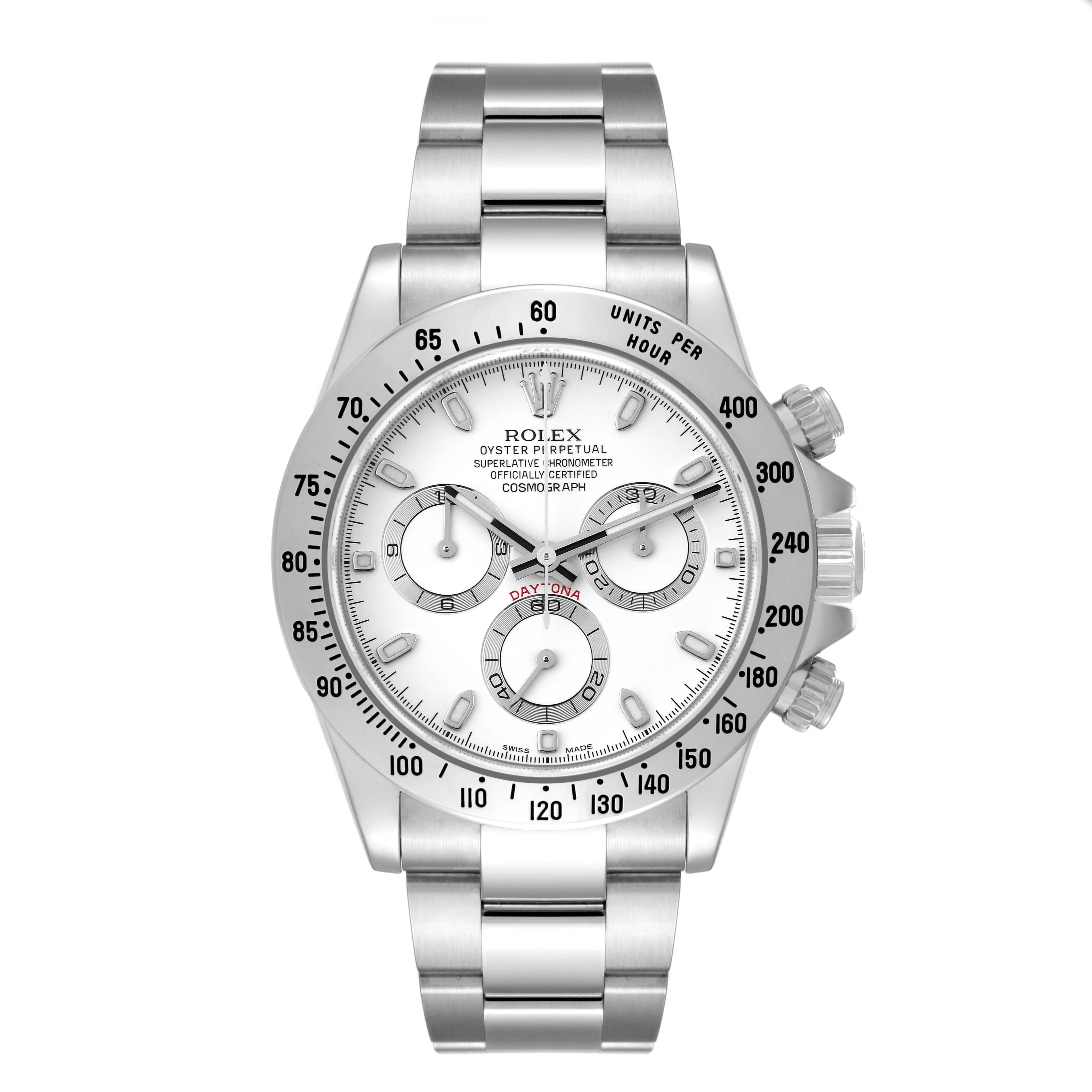 Rolex Daytona White Dial Chronograph Steel Mens Watch 116520 Box Card. Officially certified chronometer self-winding Chronograph movement. Stainless steel case 40.0 mm in diameter. Special screw-down push buttons. Stainless steel tachymeter engraved