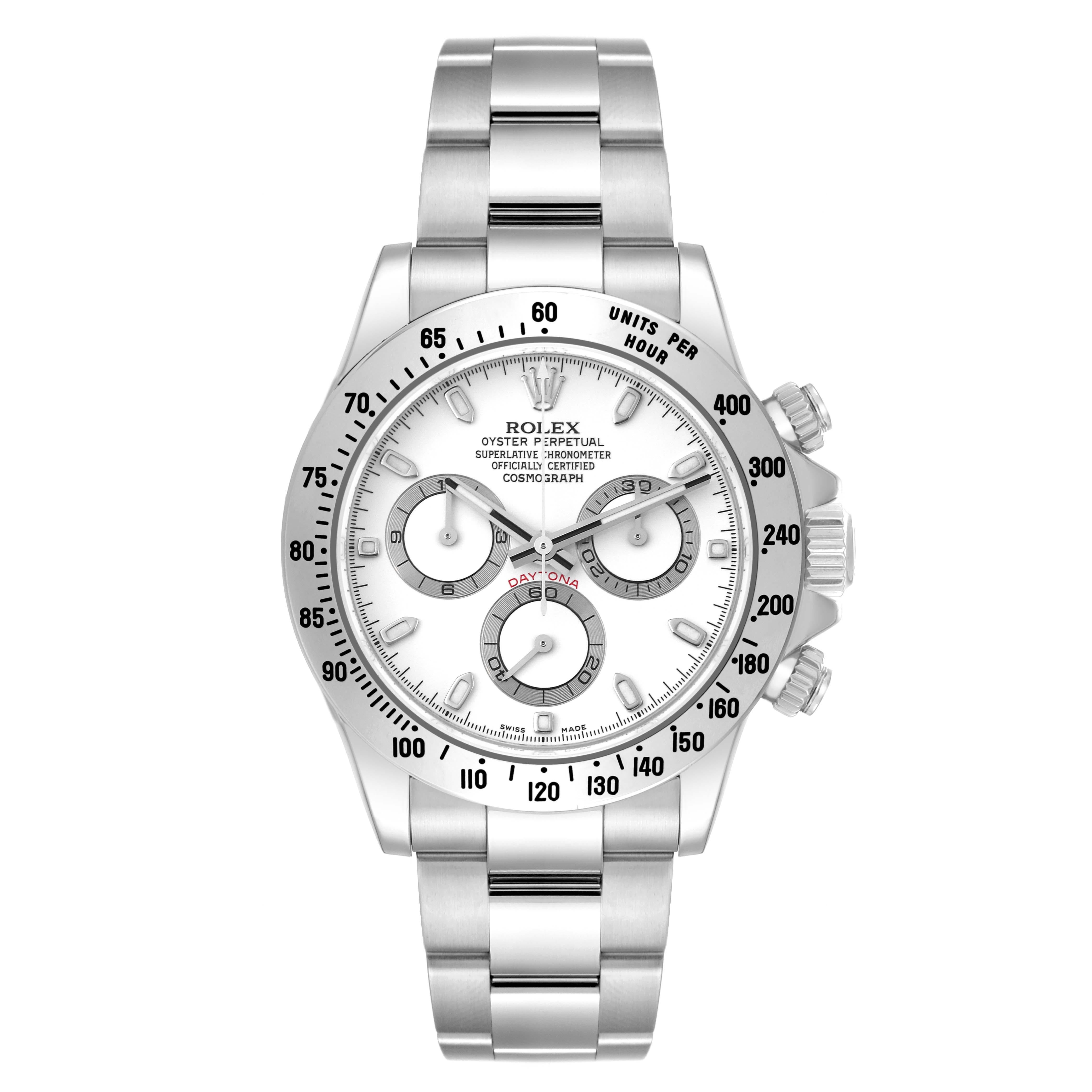 Rolex Daytona White Dial Chronograph Steel Mens Watch 116520 Box Card. Officially certified chronometer self-winding Chronograph movement. Stainless steel case 40.0 mm in diameter. Special screw-down push buttons. Stainless steel tachymeter engraved