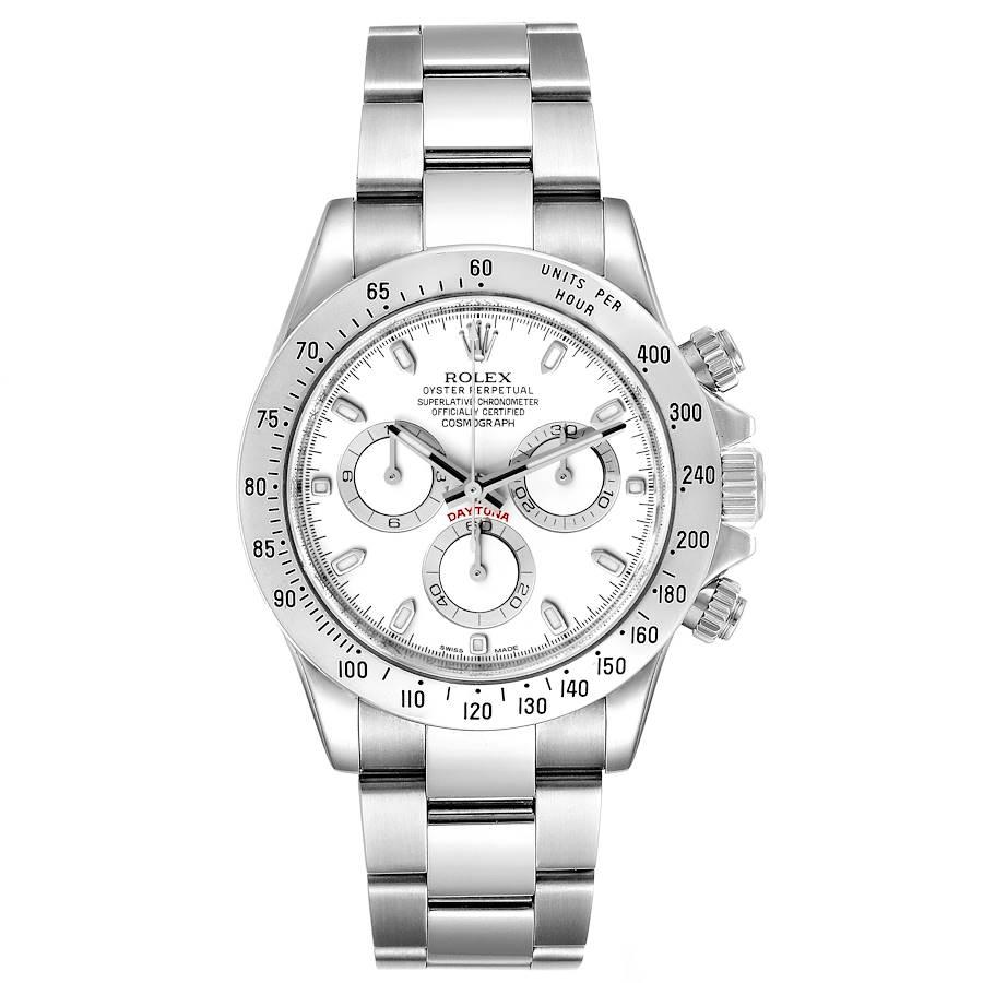 Rolex Daytona Weißes Zifferblatt Chronograph Stahl Herrenuhr 116520. Offiziell zertifiziertes Chronometerwerk mit automatischem Aufzug. Gehäuse aus rostfreiem Stahl mit einem Durchmesser von 40::0 mm. Spezielle Drucktasten mit Schraubverschluss.