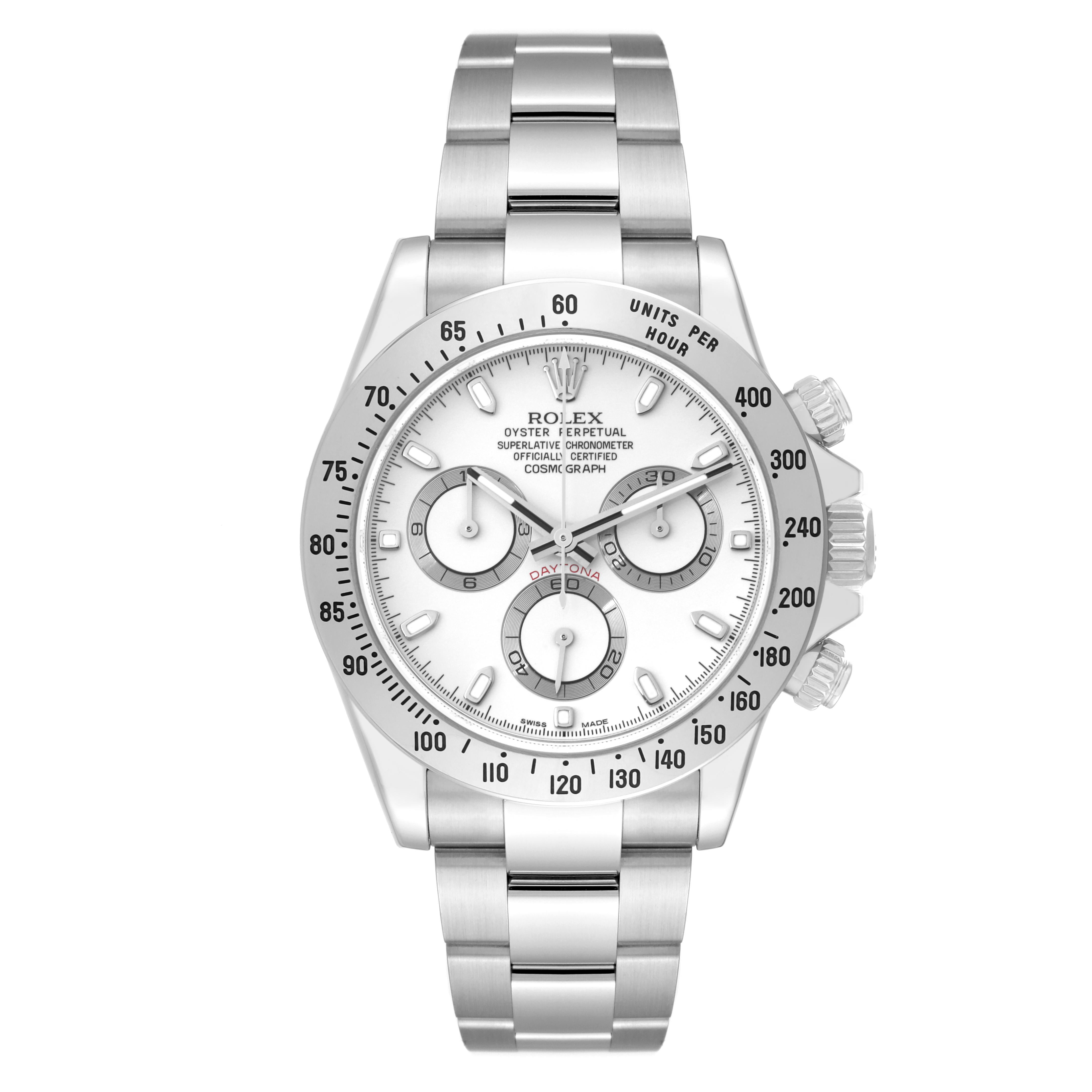 Rolex Daytona White Dial Chronograph Steel Mens Watch 116520. Officially certified chronometer automatic self-winding Chronograph movement. Stainless steel case 40.0 mm in diameter. Special screw-down push buttons. Stainless steel tachymeter