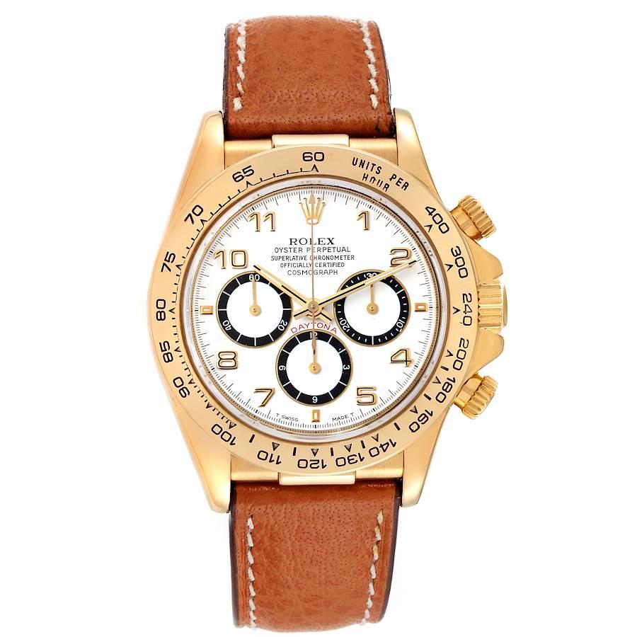 Rolex Daytona White Dial Yellow Gold Chronograph Mens Watch 16518. Officially certified chronometer automatic self-winding movement. Chronograph function. 18K yellow gold case 40.0 mm in diameter.  Special screw-down push buttons. 18K yellow gold