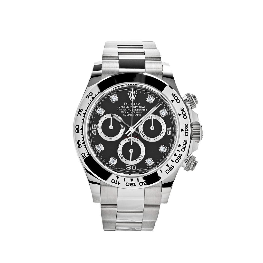 The Rolex Daytona is designed with a high-performance chronograph and measuring an average speed of up to 400 kilometers per hour. This Daytona features a 40mm 18ct white gold case, white gold bezel with an engraved tachymetric scale. The rich black
