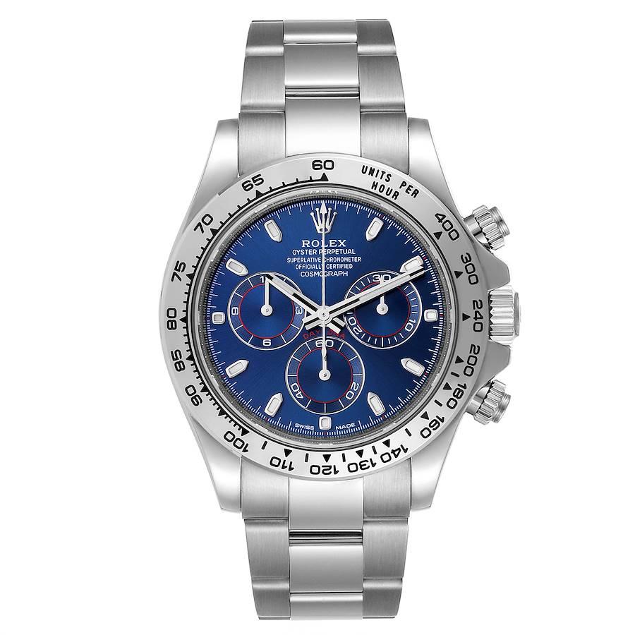 Rolex Daytona White Gold Blue Dial Mens Watch 116509 Box Card Unworn. Officially certified chronometer self-winding movement. Rhodium-plated, 44 jewels, straight line lever escapement, monometallic balance adjusted to temperatures and 5 positions,