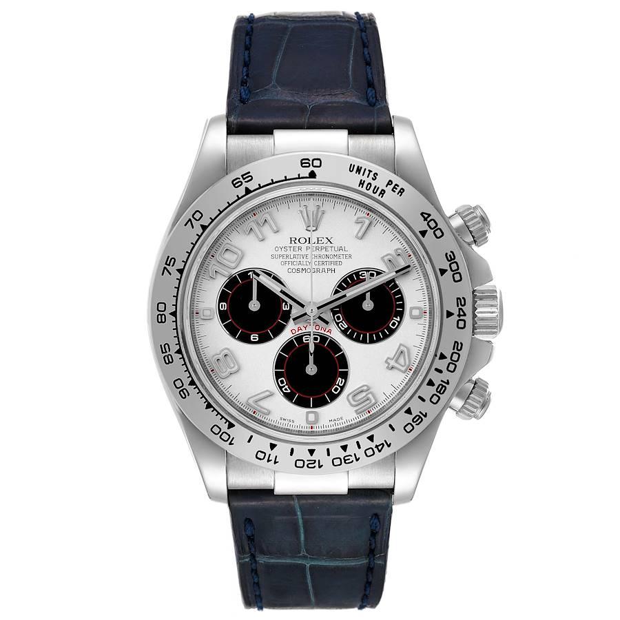 Rolex Daytona Weißgold Blau Armband Chronograph Herrenuhr 116519. Offiziell zertifiziertes Chronometerwerk mit automatischem Aufzug. Gehäuse aus 18 Karat Weißgold mit einem Durchmesser von 40,0 mm.  Spezielle Druckknöpfe mit Schraubverschluss.