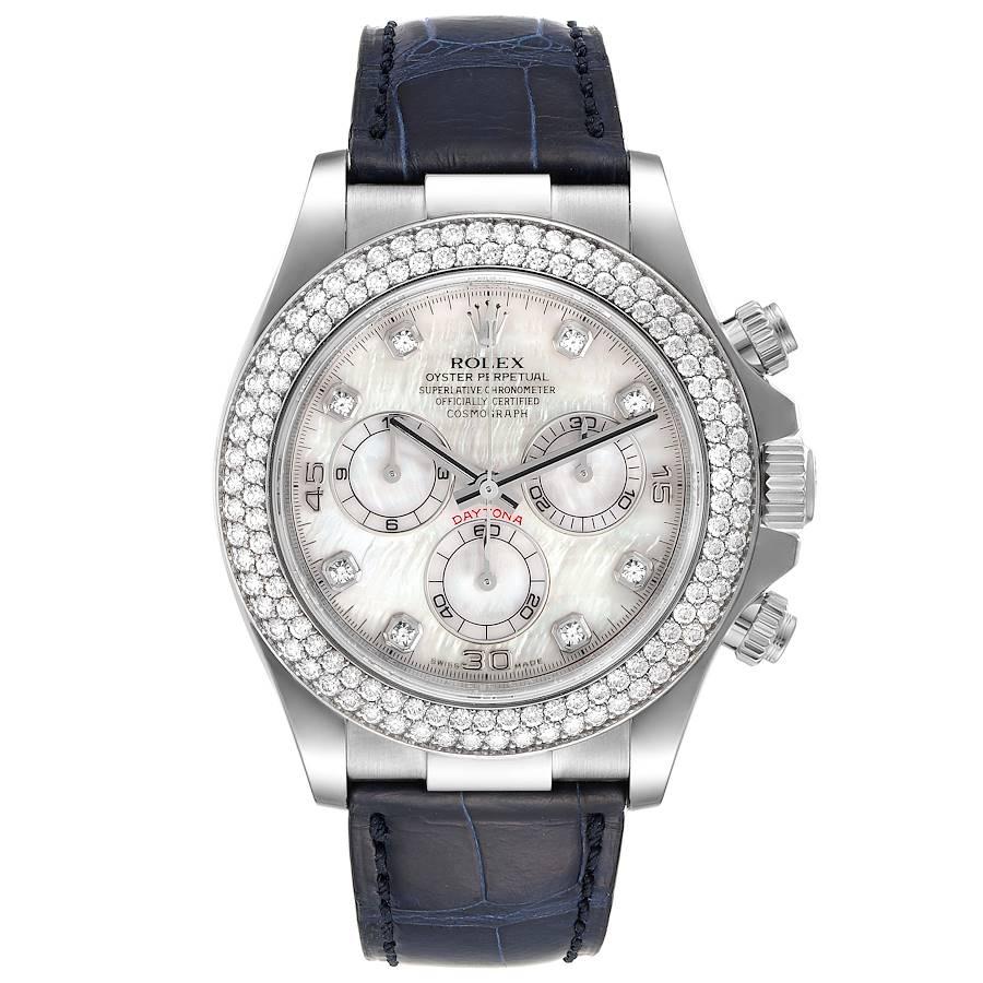 Rolex Daytona White Gold Mother of Pearl Diamond Mens Watch 116589. Officially certified chronometer automatic self-winding chronograph movement. 18K white gold case 40.0 mm in diameter. Screwed-down case back, buttons and crown, Triplock winding