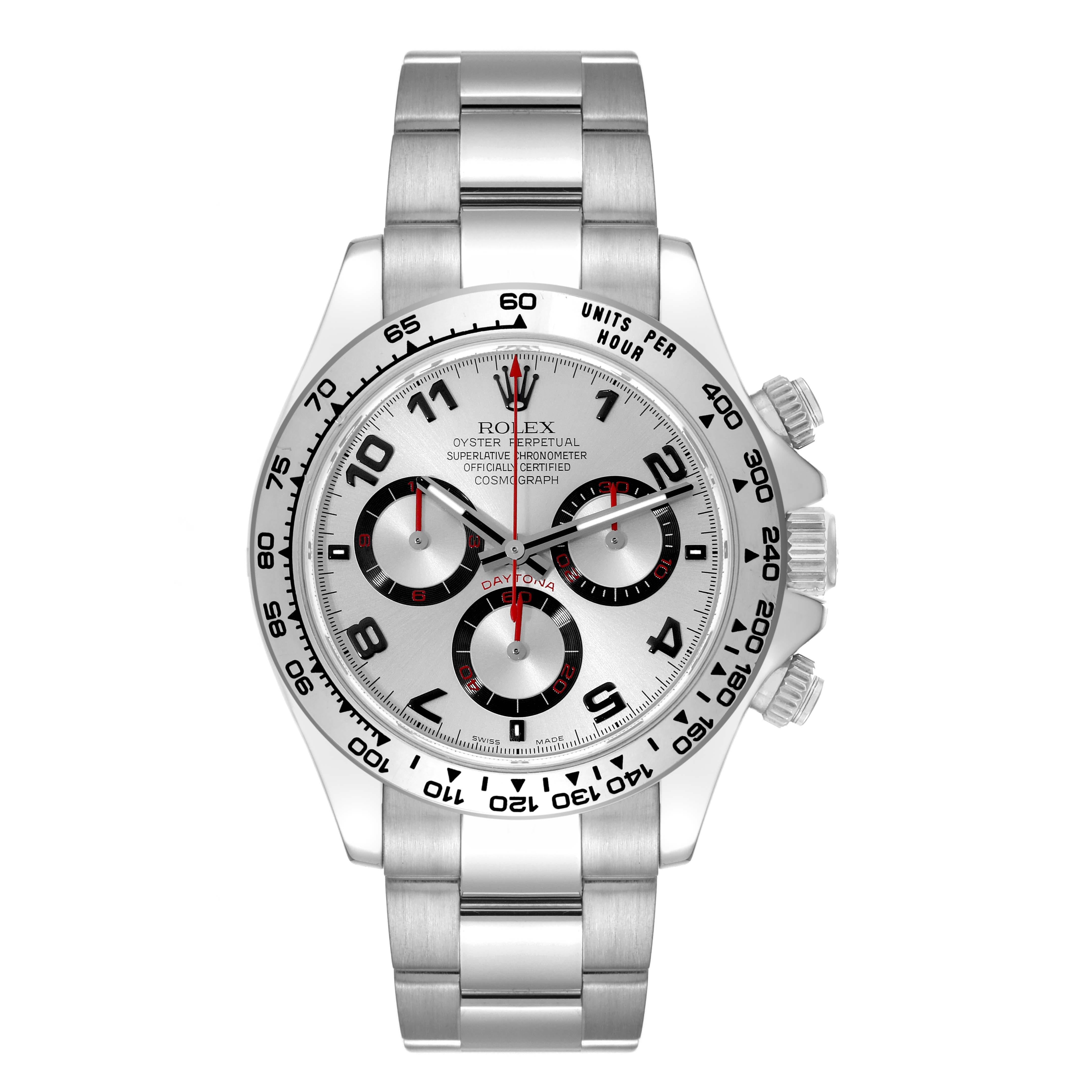 Rolex Daytona White Gold Silver Racing Dial Mens Watch 116509 Box Card. Officially certified chronometer self-winding movement. Rhodium-plated, 44 jewels, straight line lever escapement, monometallic balance adjusted to temperatures and 5 positions,