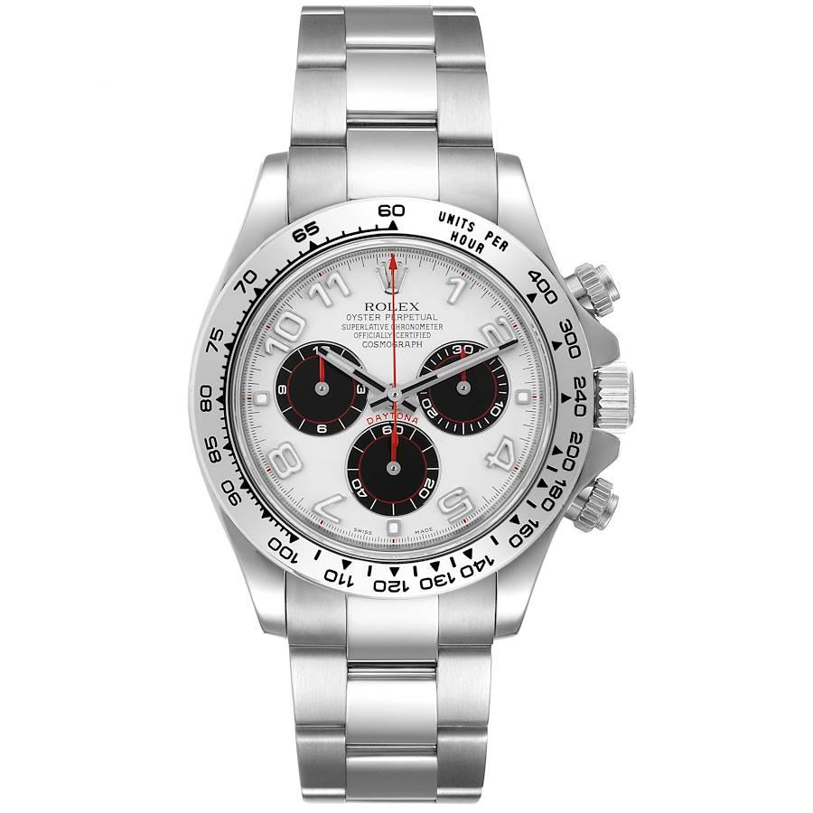 Rolex Daytona White Gold Silver Racing Dial Mens Watch 116509. Officially certified chronometer self-winding movement. Rhodium-plated, 44 jewels, straight line lever escapement, monometallic balance adjusted to temperatures and 5 positions, shock
