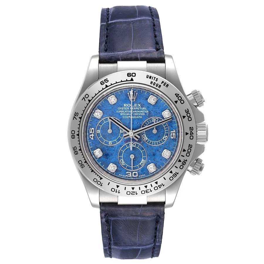 Rolex Daytona White Gold Sodalite Diamond Dial Mens Watch 116519 Box Card. Officially certified chronometer automatic self-winding chronograph movement. Rhodium-plated, 44 jewels, straight line lever escapement, monometallic balance adjusted to